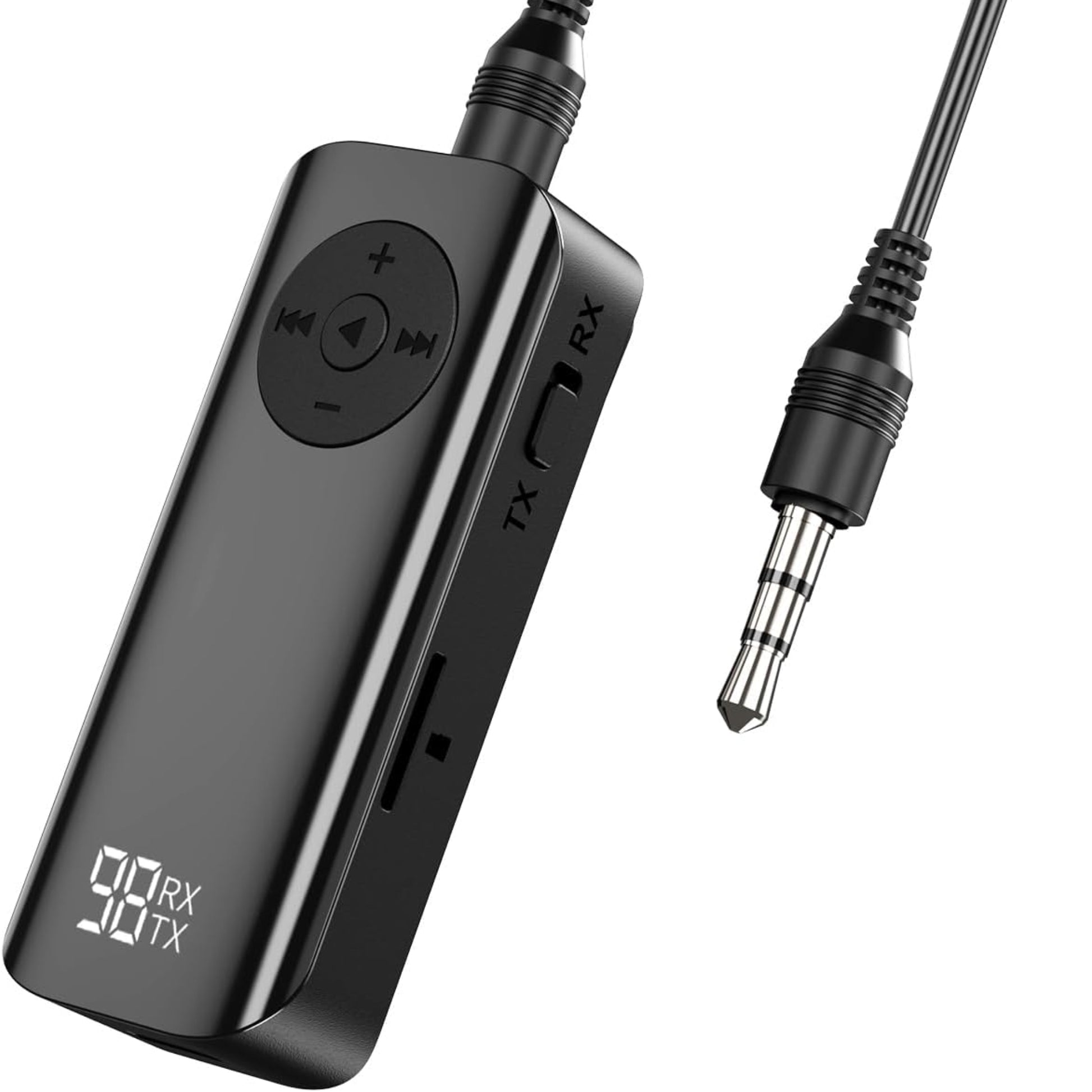 Bluetooth 5.3 audio transmitter receiver adapter with TF card and hands-free capabilities.