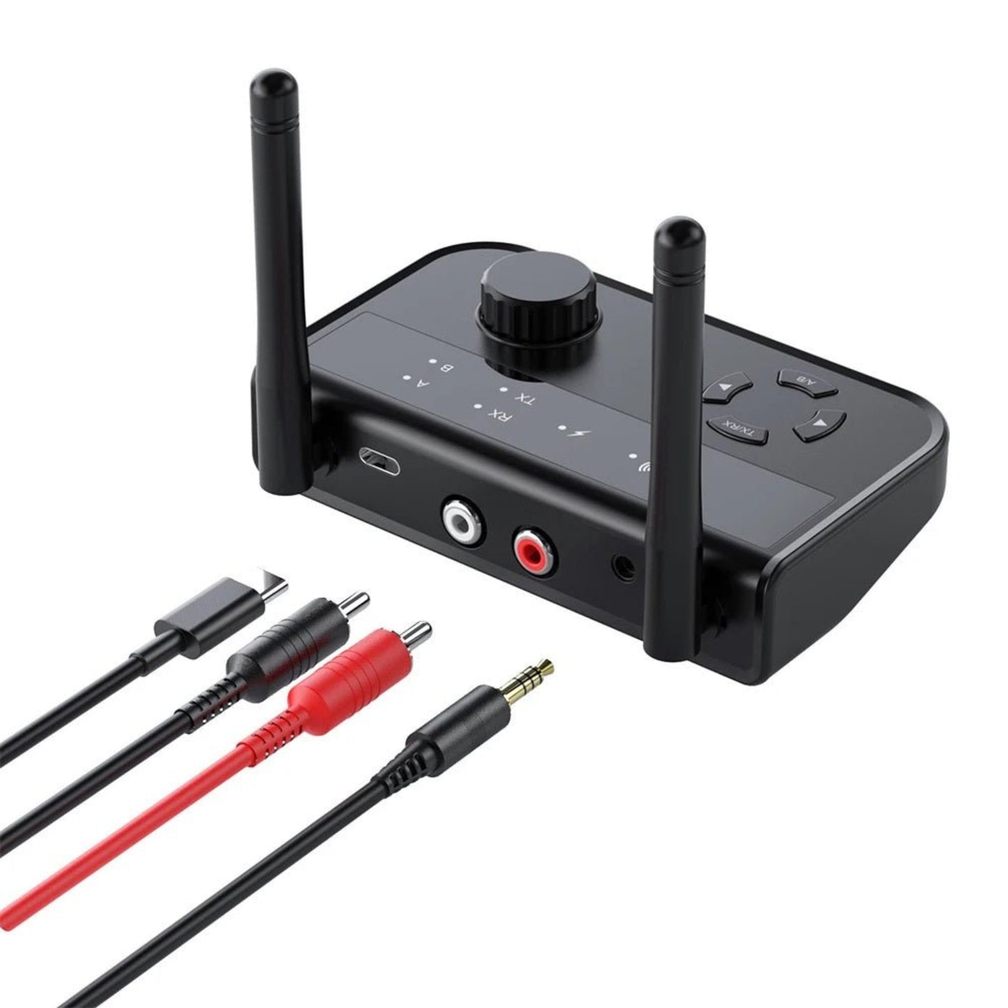 Bluetooth 5.3 audio transmitter and receiver with dual antennas and multiple cables for home and car use.