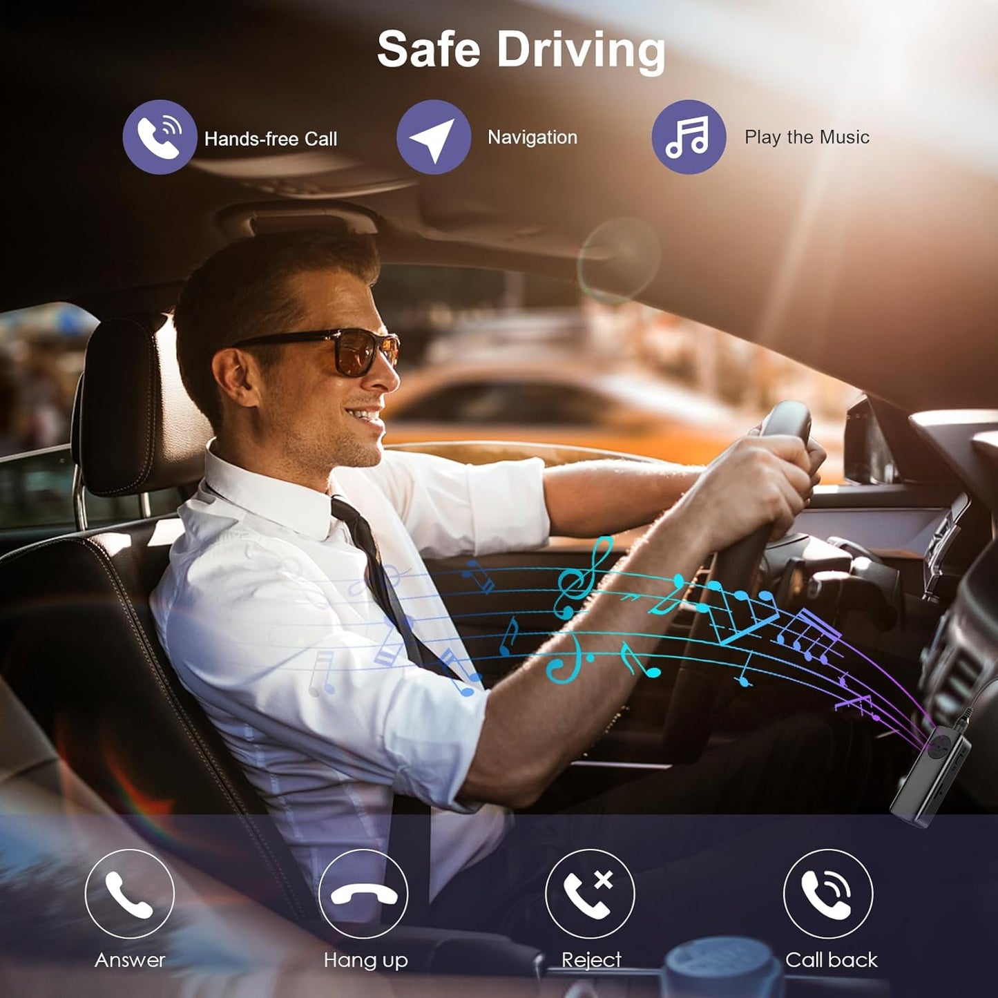 Man driving and using M06 Bluetooth adapter for safe hands-free calling, navigation, and music playback in a car.