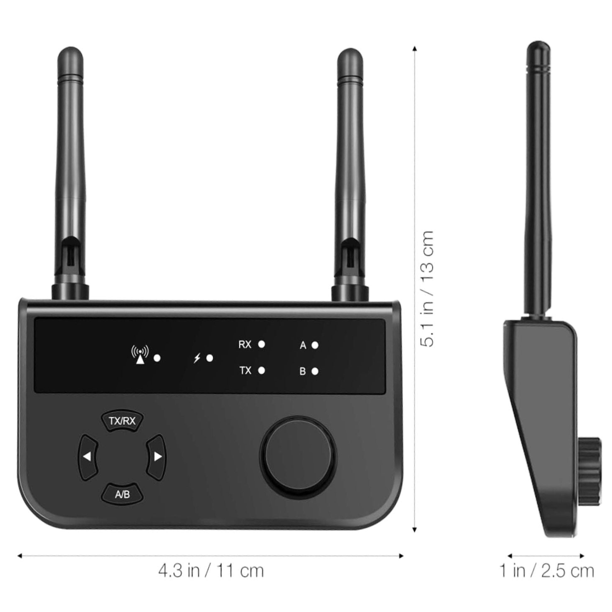 Bluetooth 5.3 audio transmitter and receiver with antennas, buttons, and dimensions for home and car use.