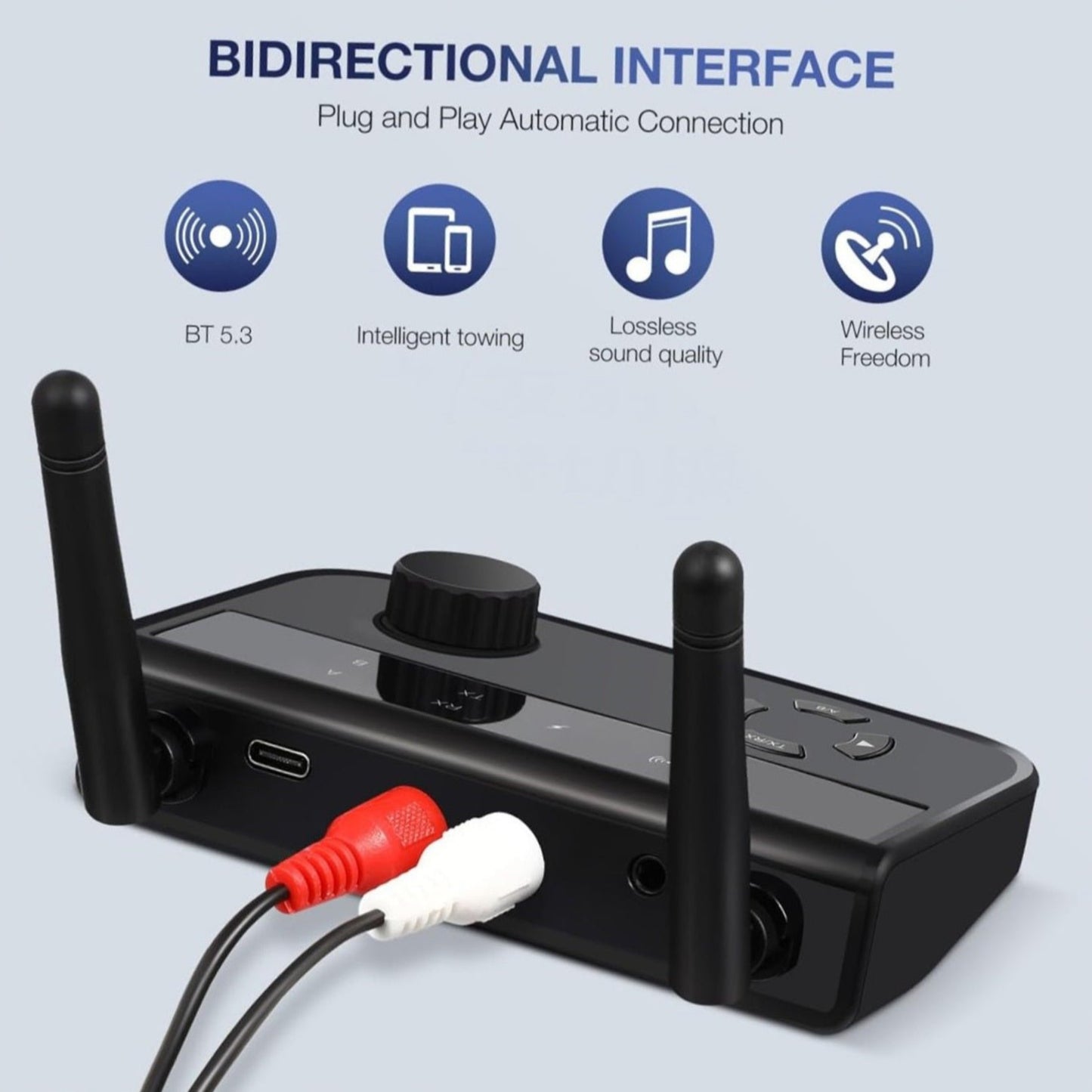 Bluetooth 5.3 audio transmitter and receiver with bidirectional interface, plug and play capabilities.