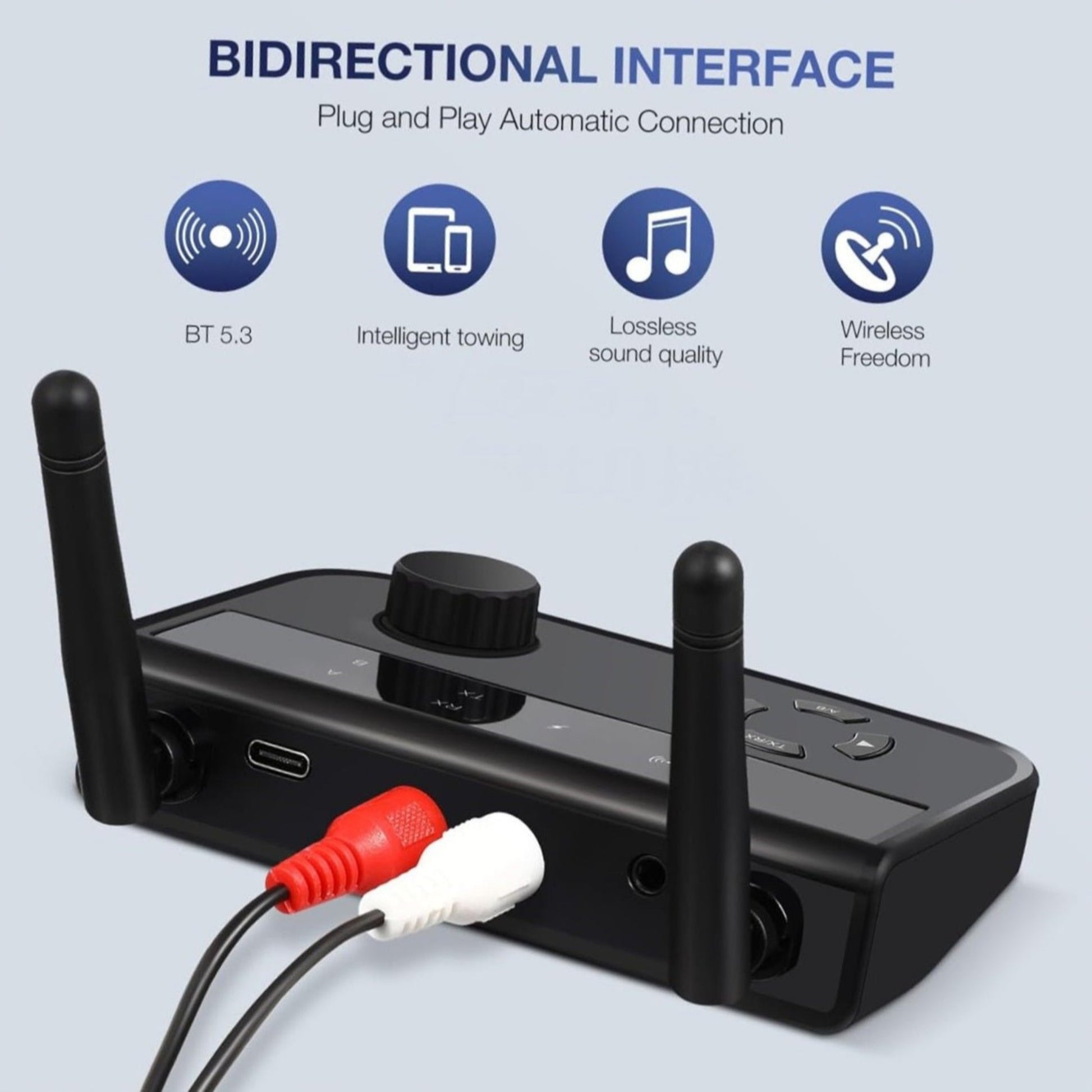 Bluetooth 5.3 audio transmitter and receiver with bidirectional interface, plug and play capabilities.