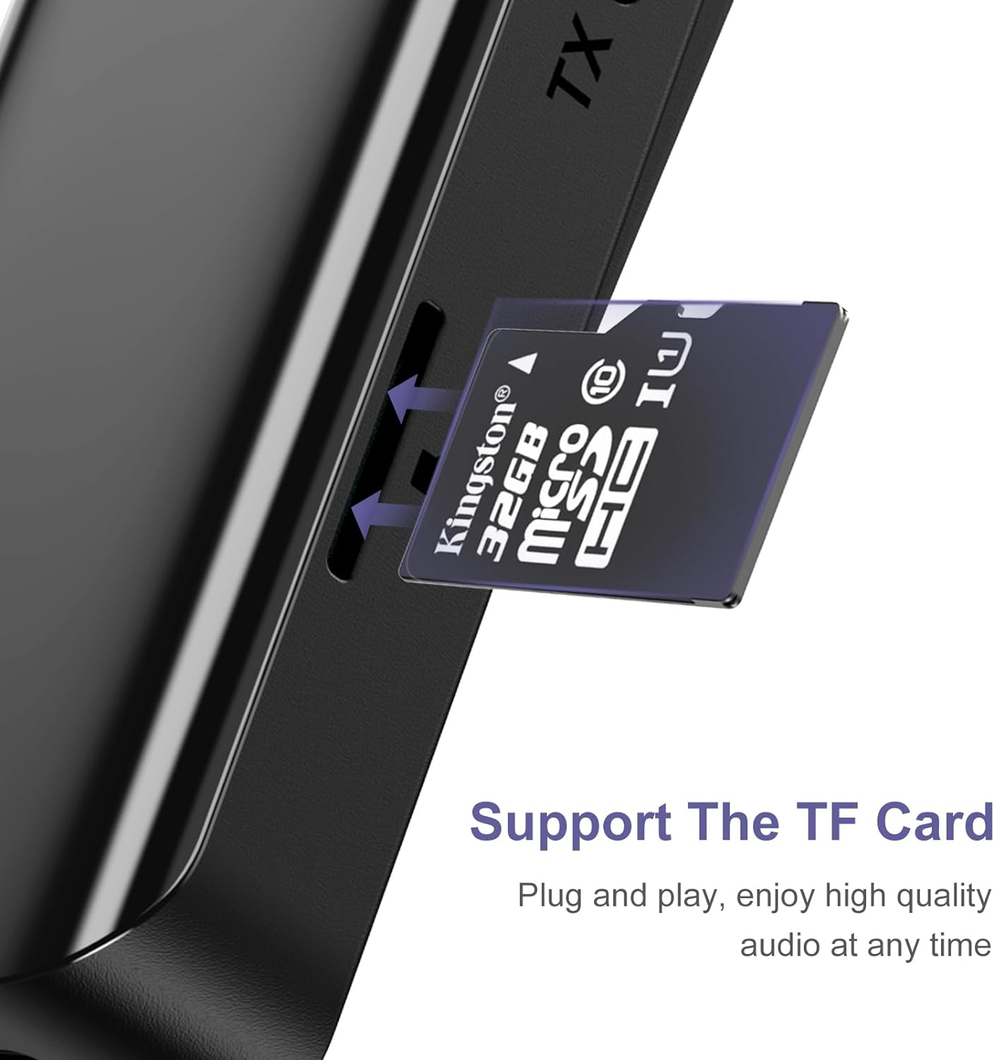 Close-up showing the TF card slot on the Bluetooth audio adapter, indicating support for microSD cards for direct audio playback.