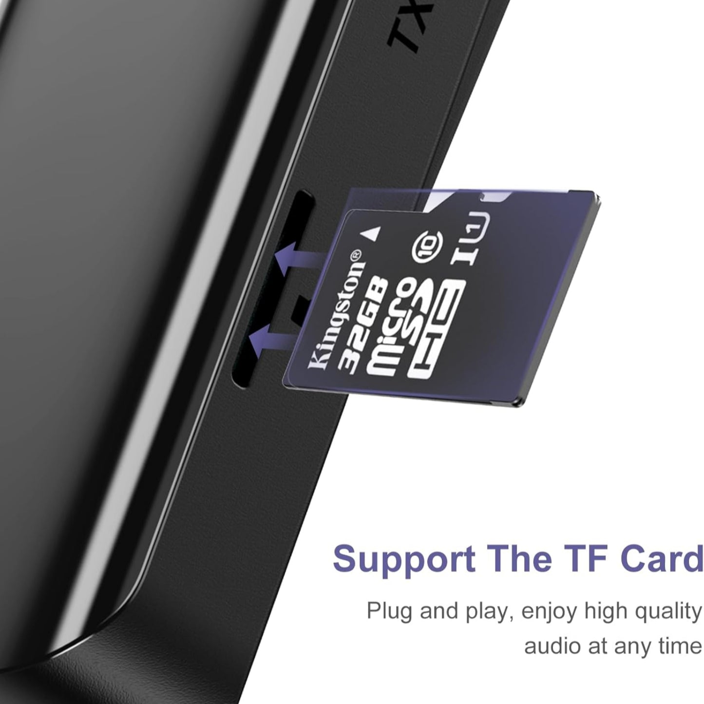 Bluetooth 5.3 audio transmitter showing TF card slot for enhanced wireless audio streaming.