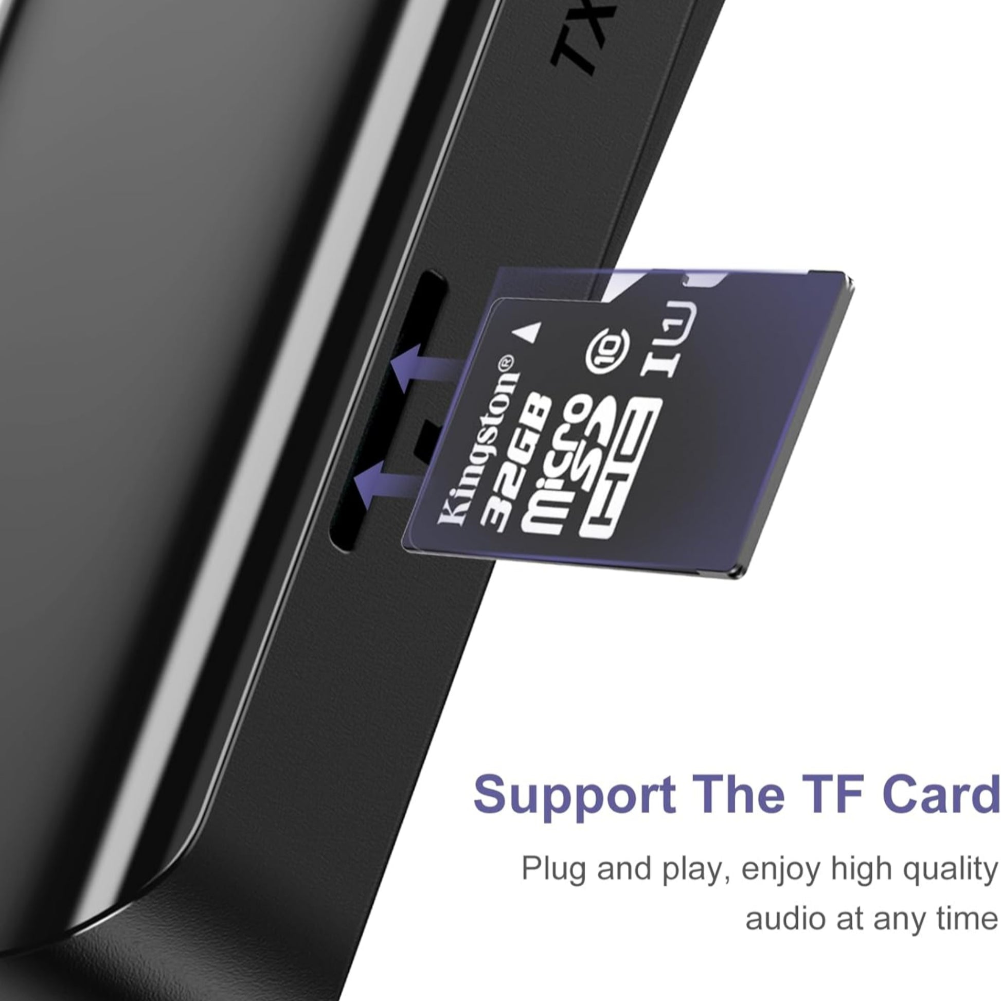 Bluetooth 5.3 audio transmitter showing TF card slot for enhanced wireless audio streaming.