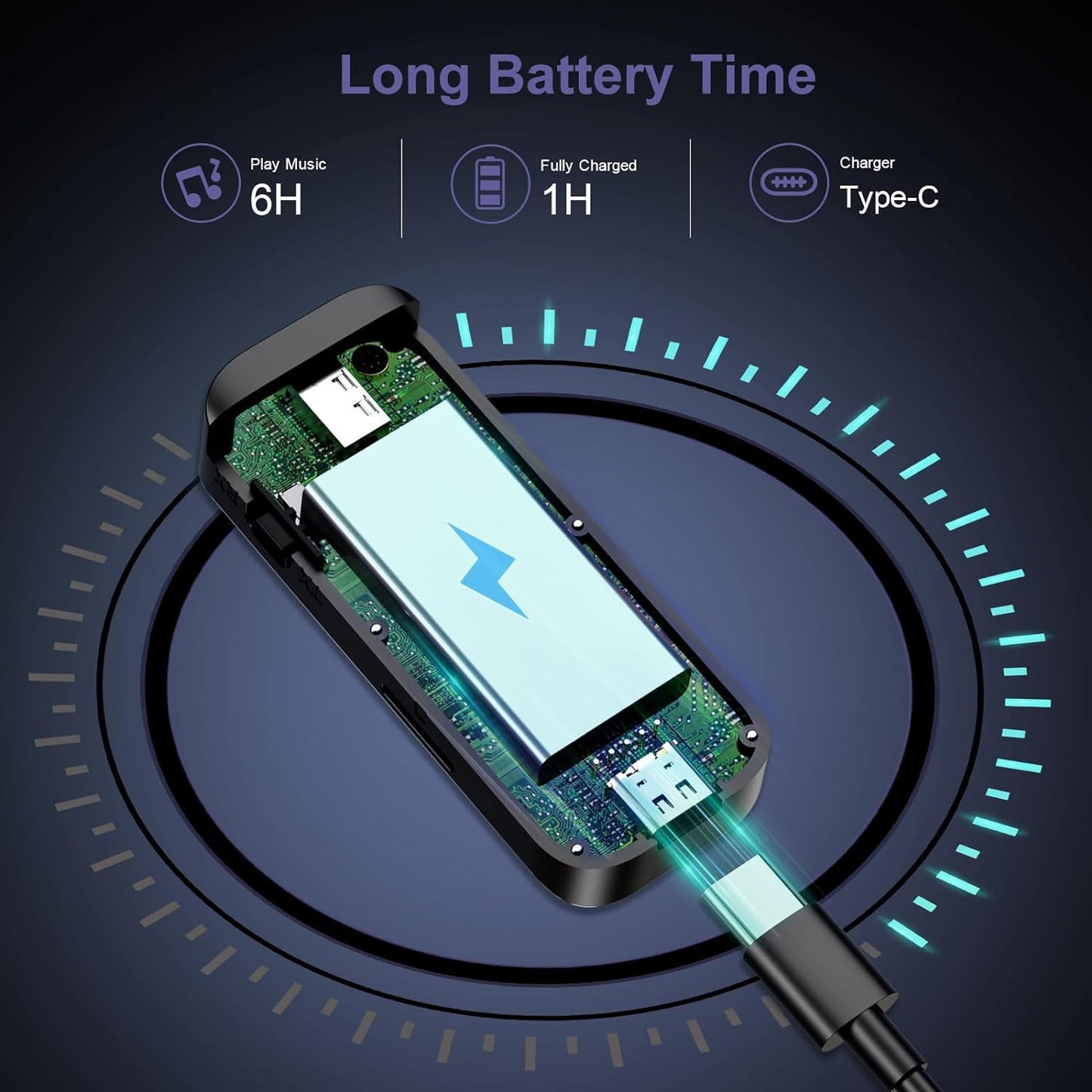 Close-up of M06 Bluetooth audio adapter showing long battery life (6H play music, 1H fully charged) and USB-C charging port.