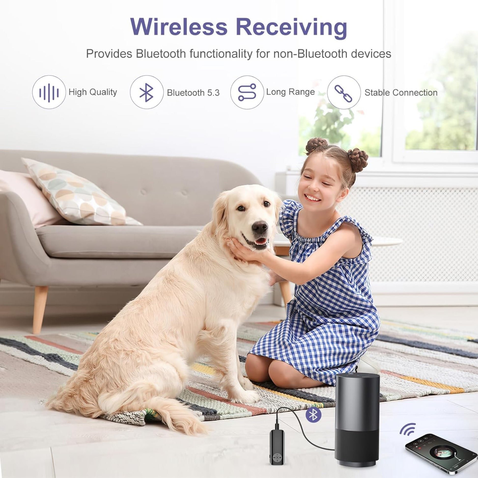 Girl using Bluetooth 5.3 audio transmitter with a dog, showcasing wireless audio functionality and stable connection.
