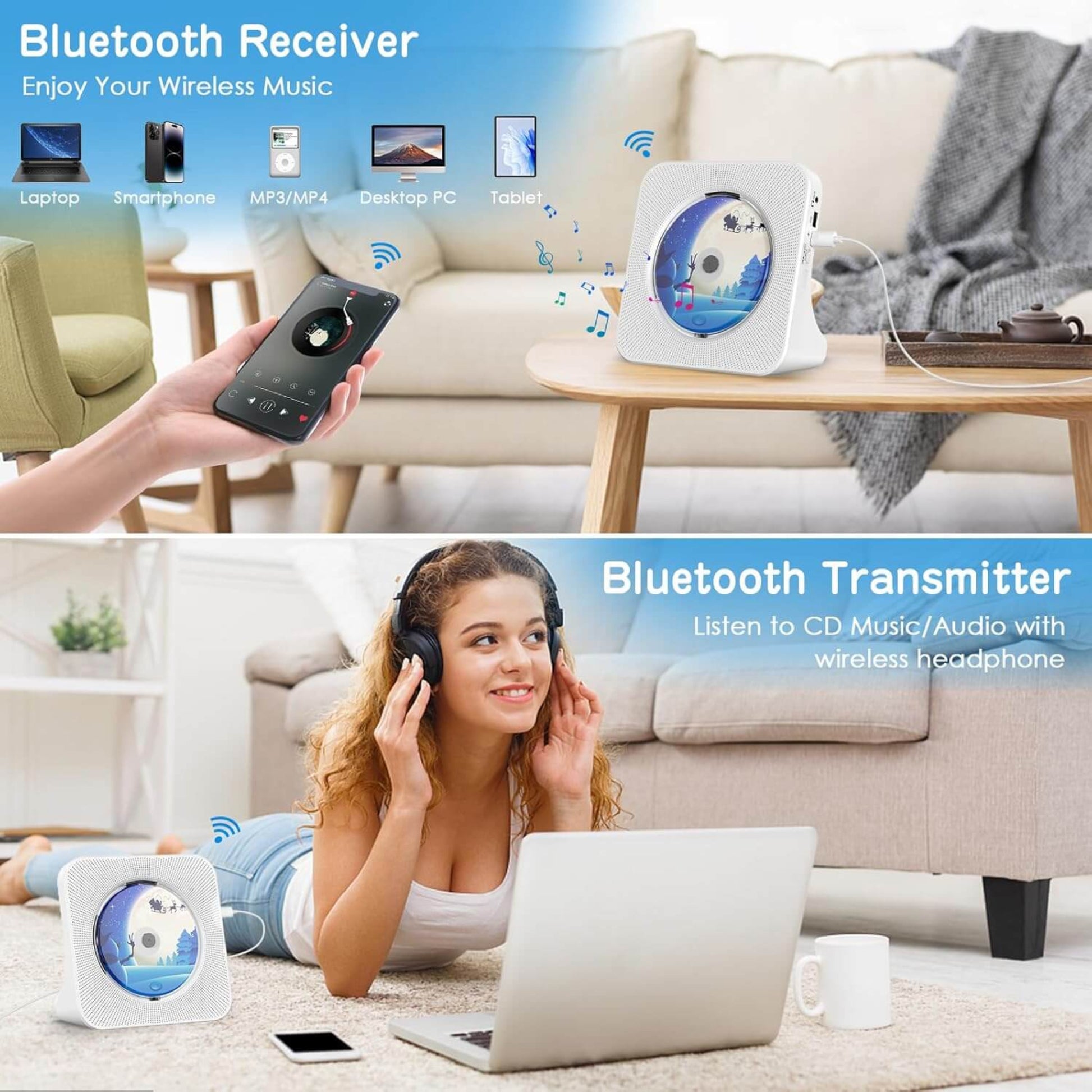 A Bluetooth receiver and transmitter in a stylish setting, showcasing wireless audio streaming from devices.