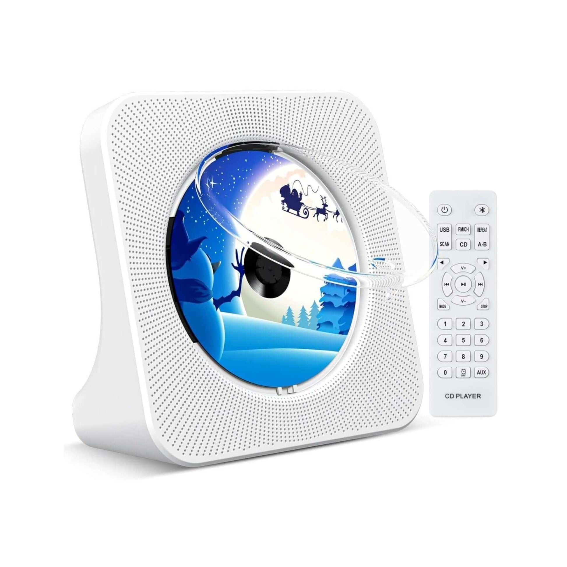 Bluetooth CD player with Hi-Fi speakers, remote, and festive design for enhanced audio experience.