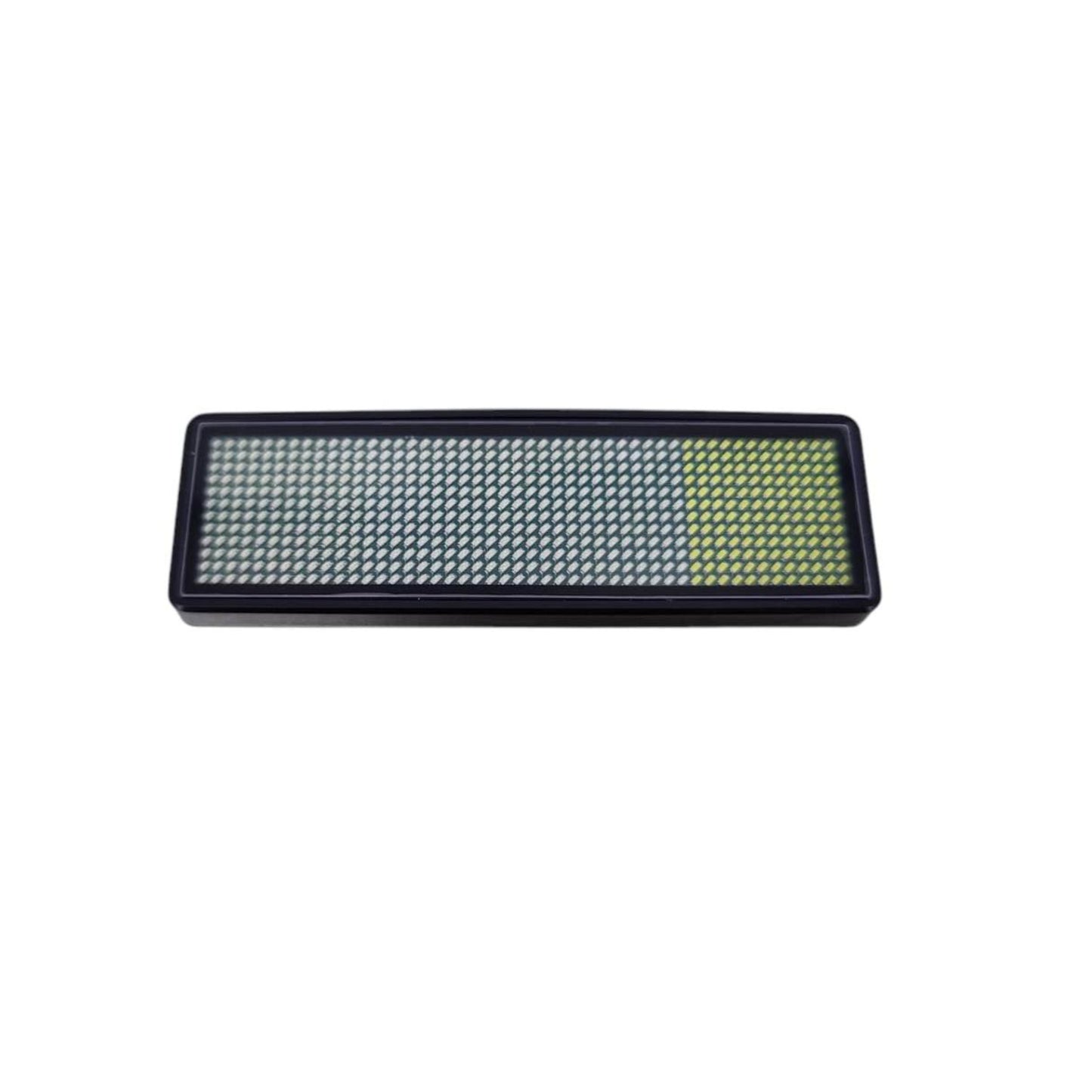 Wireless Bluetooth LED Name Badge display, programmable, multicolored with pin mount, designed for business use.