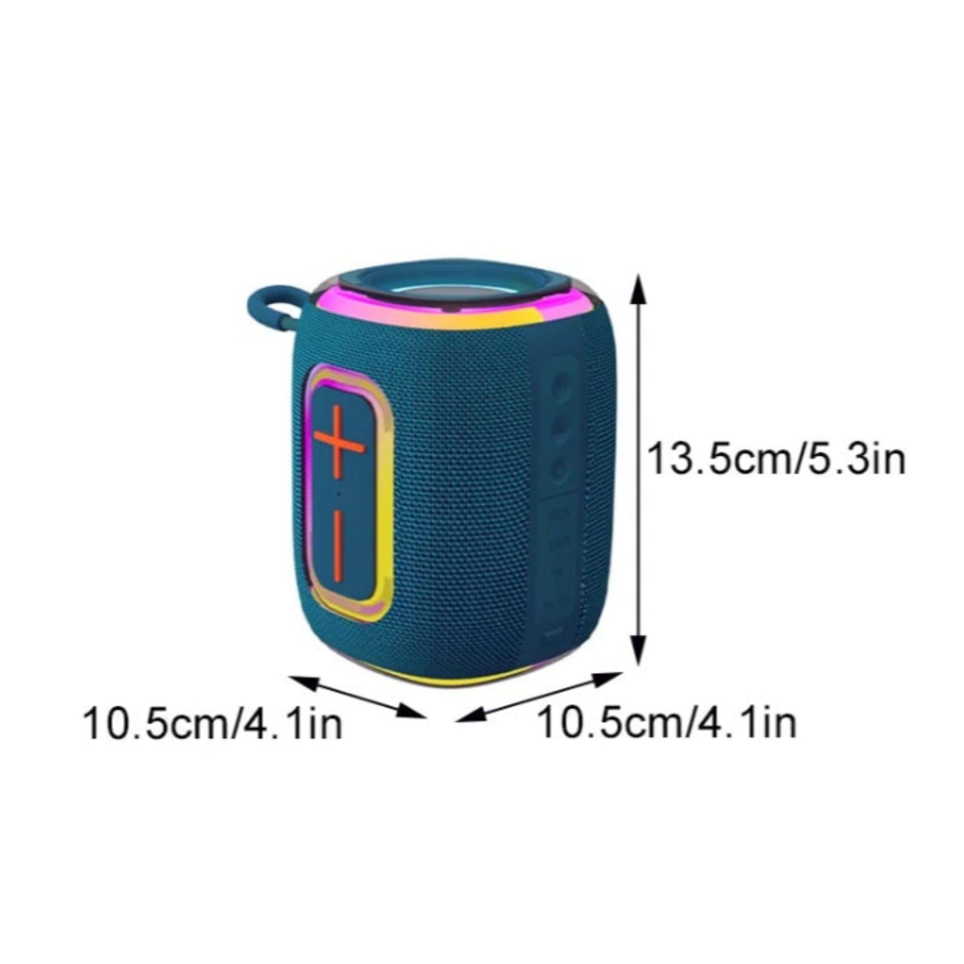 Black Bluetooth speaker with dimensions of 13.5cm (5.3in) height and 10.5cm (4.1in) width.