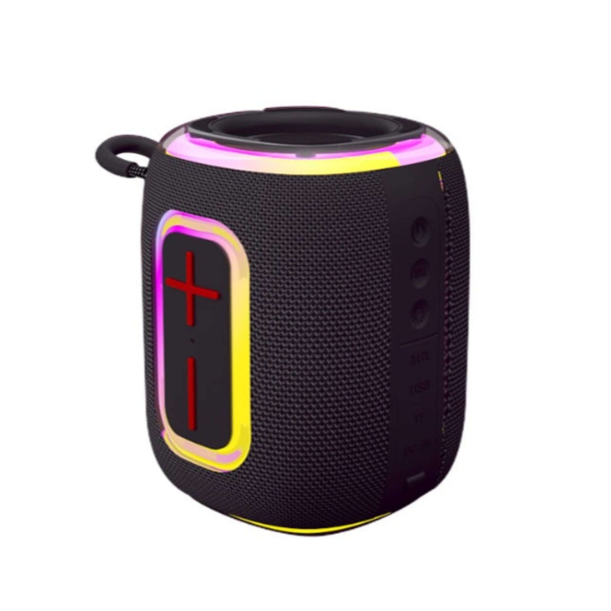Black Bluetooth speaker with vibrant neon lights, portable design, and integrated carry loop.