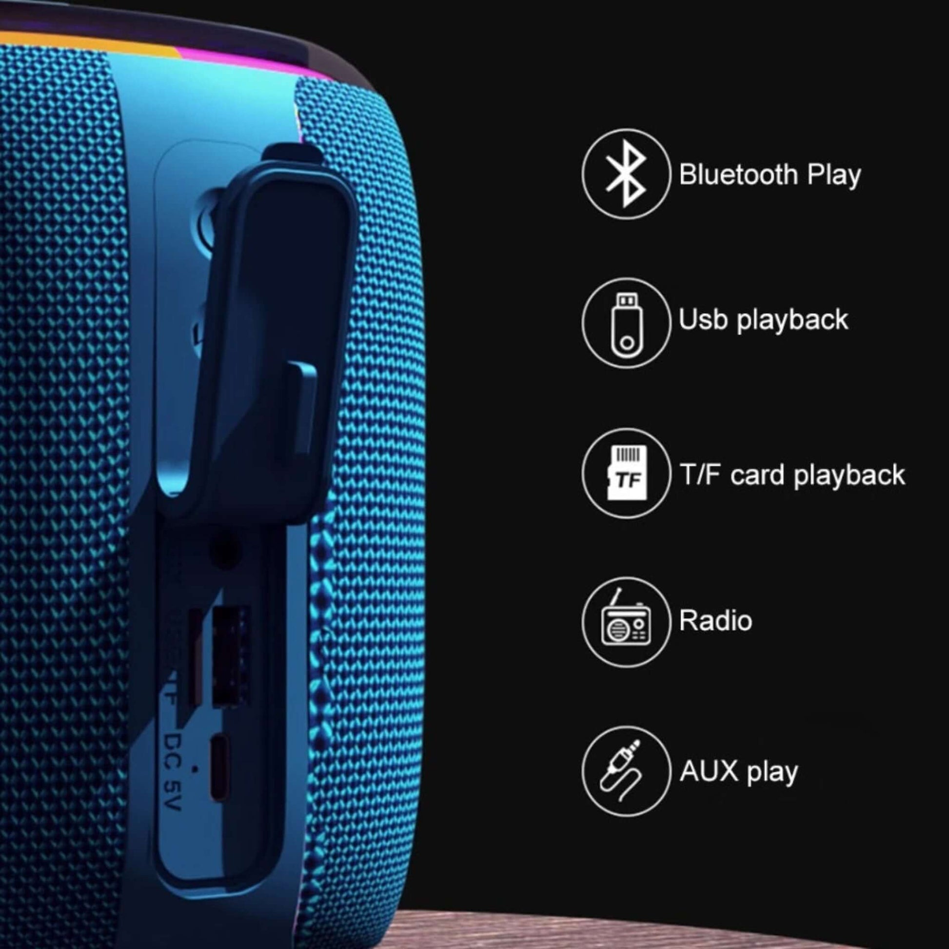 Black Bluetooth speaker highlighting Bluetooth, USB, TF card, Radio, and AUX playback capabilities.