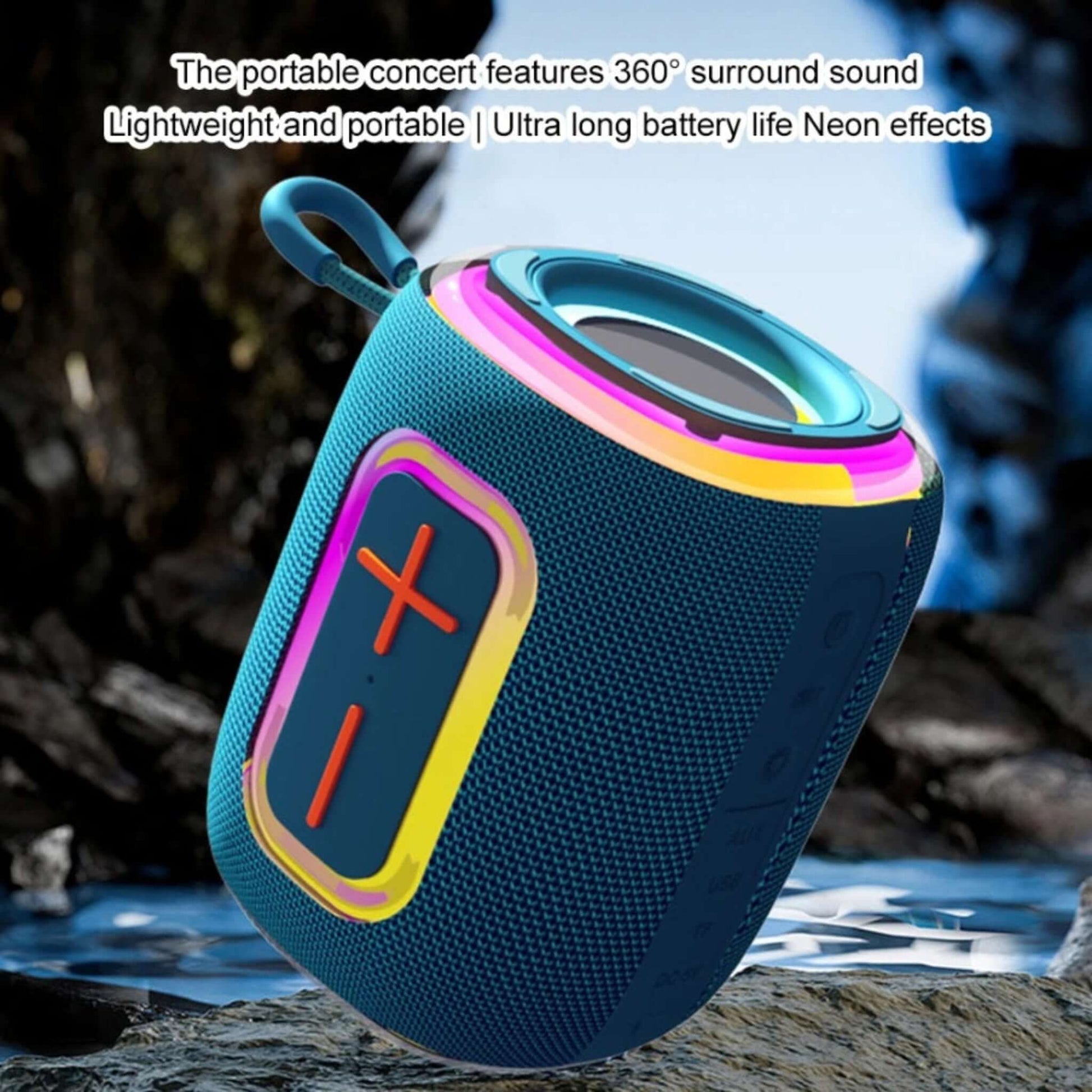 Blue portable Bluetooth speaker with 360-degree sound, long battery life, and neon effects outdoors.
