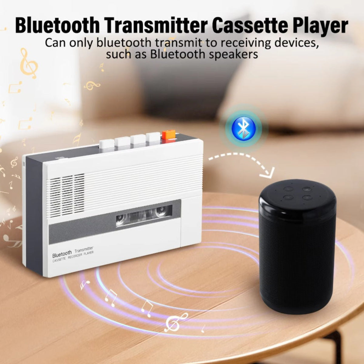 Bluetooth cassette player transmitting wireless audio signal directly to a smart speaker