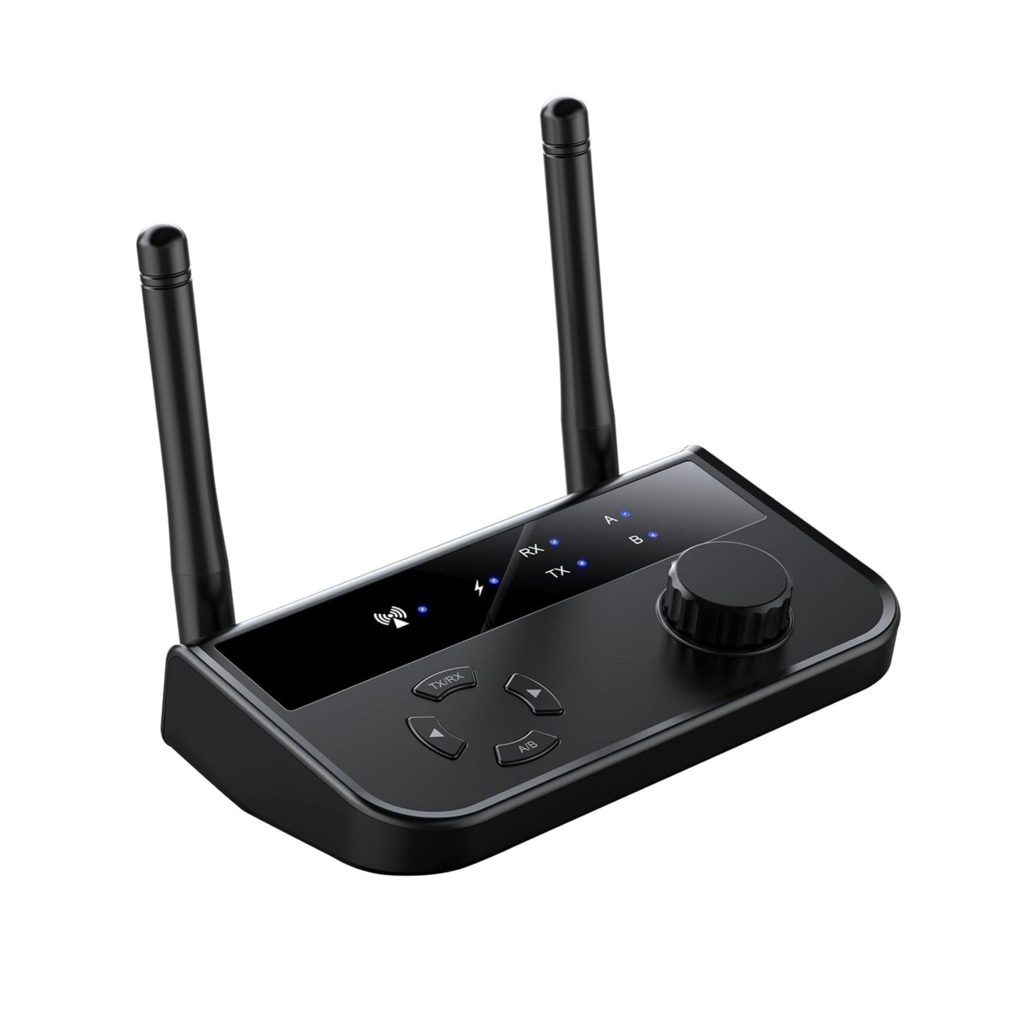 Bluetooth 5.3 audio transmitter and receiver with two antennas and control dial for wireless streaming.