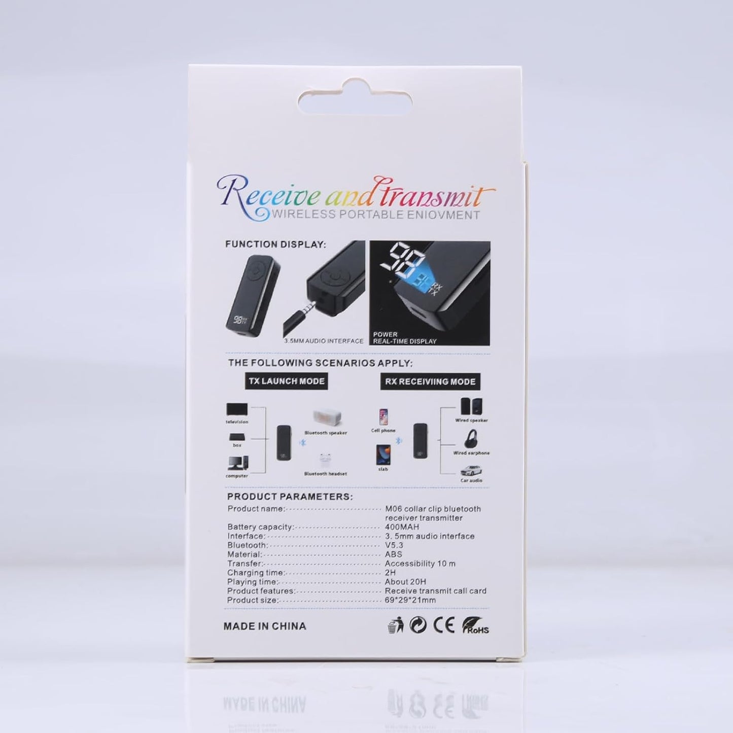Back of product packaging showing M06 Bluetooth transmitter receiver features, including digital display, TX and RX modes, product parameters, and Made in China label.