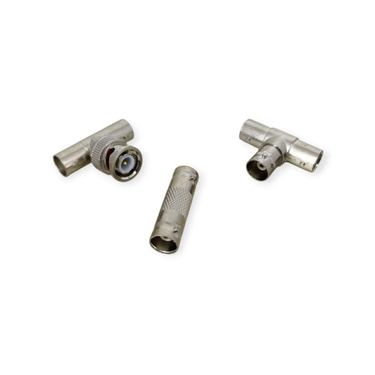 BNC connector kit with male to female T-adapter, BNC female to female barrel, and BNC T-adapter for video and security cameras.