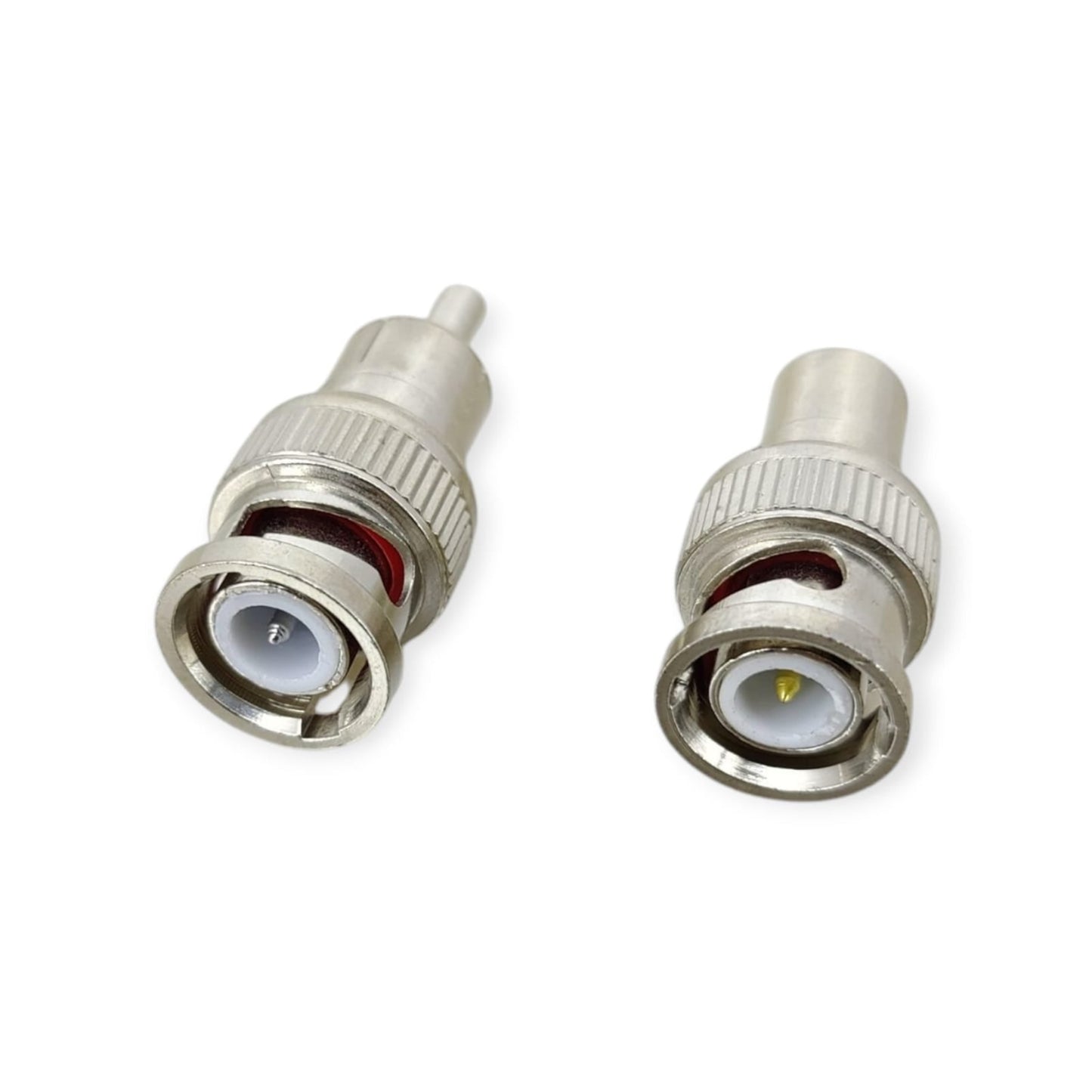 The BNC Male connector end of two BNC to RCA adapters, showing the locking bayonet design.