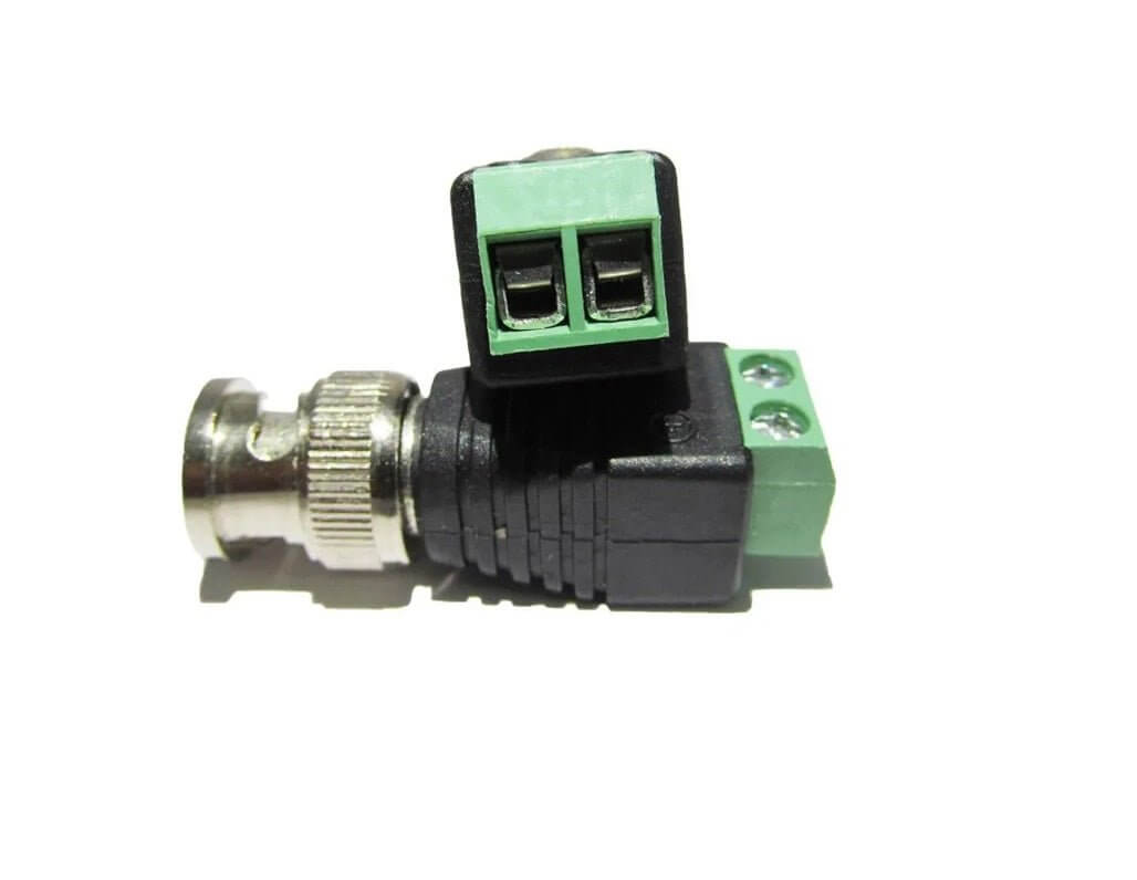 BNC male connector with DC connector plug for easy CCTV camera installation and secure video balun connection.