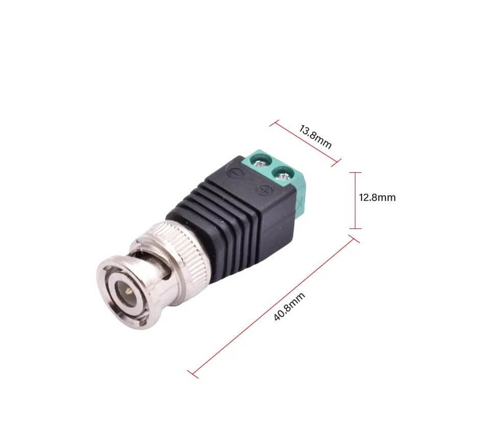 BNC male connector for CCTV with DC screw terminal, ideal for video balun applications and surveillance systems.