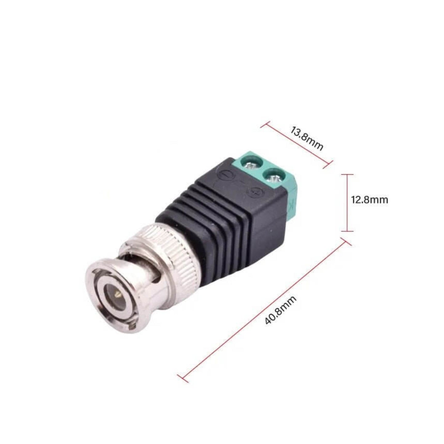 BNC male connector for CCTV with DC screw terminal, ideal for video balun applications and surveillance systems.