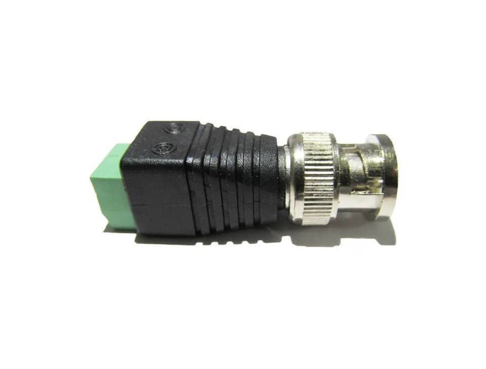 BNC Male Connector with DC Plug for CCTV installation, ideal for video balun and surveillance systems.