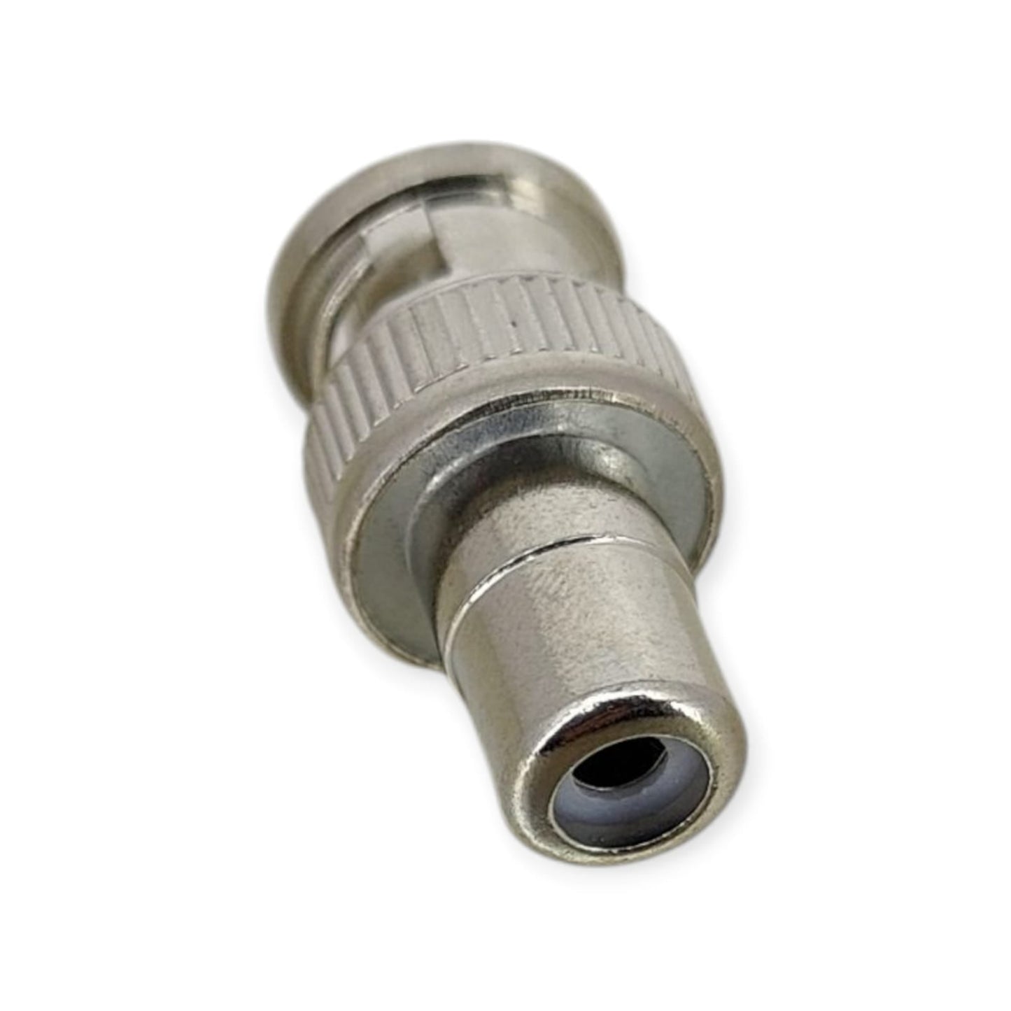 Close-up of a BNC Male to RCA Female coaxial video connector jack.