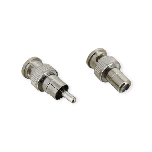 A pair of adapters: a BNC Male to RCA Male adapter and a BNC Male to RCA Female adapter on a white background.