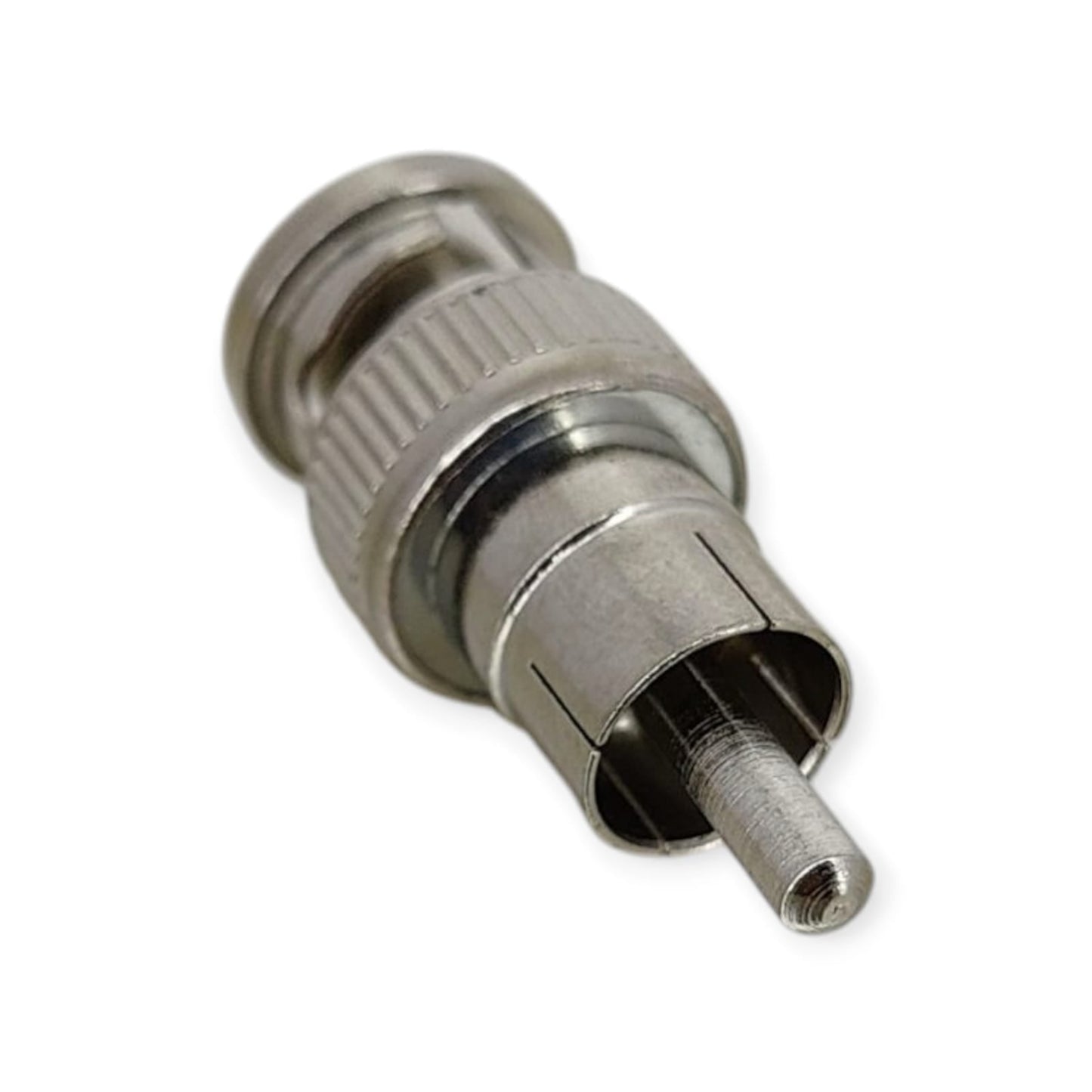 Close-up of a BNC Male to RCA Male coaxial video connector.
