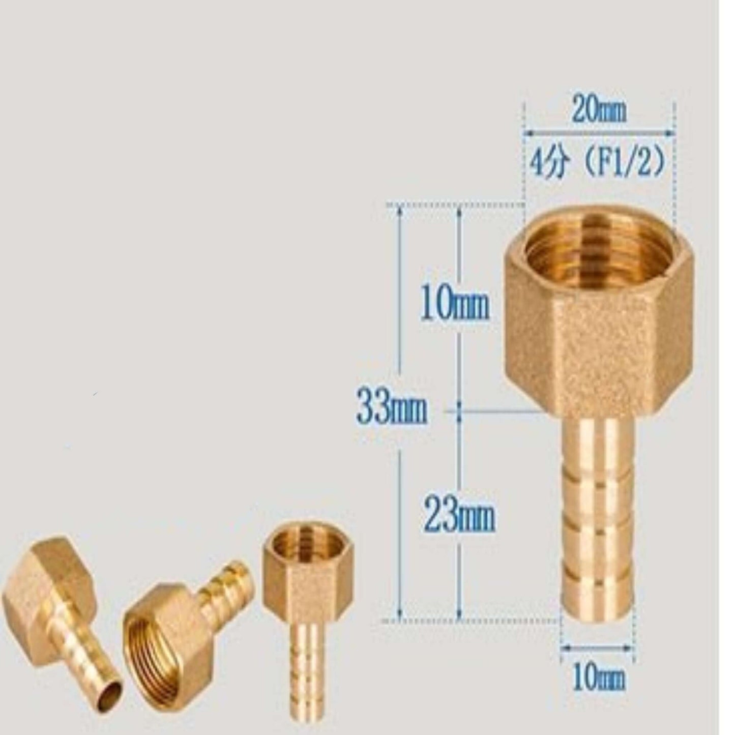 Brass hose adapter with 1/2" FPT and 8mm/10mm barb fittings, showcasing dimensions and design.