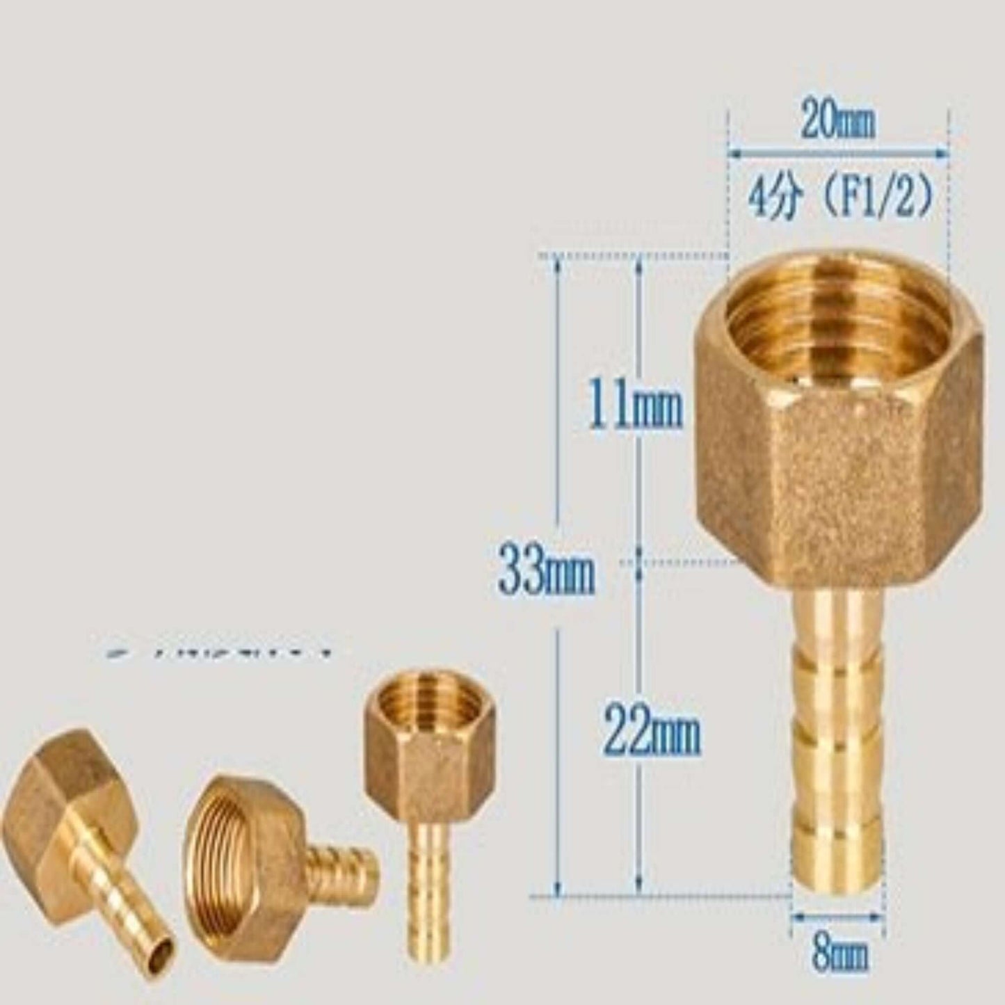 Brass hose adapter fittings with measurements: 1/2" FPT to 8mm barb for secure, leak-proof connections.