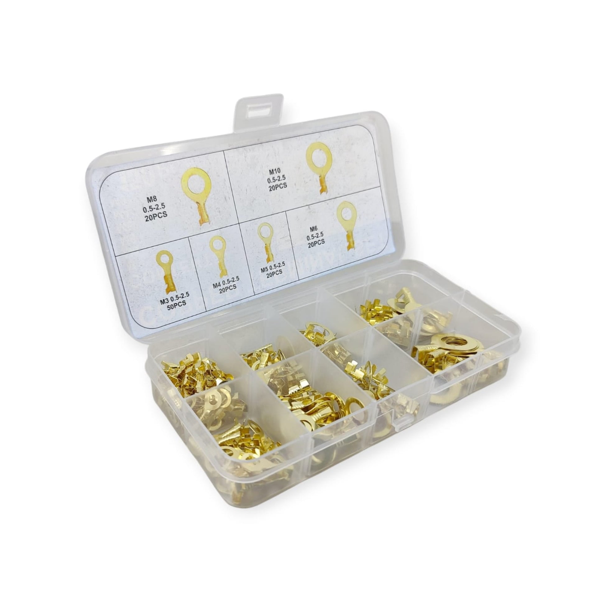 150-piece brass ring terminal crimp connector kit (M3-M10) open in a plastic organizer box with a size guide.