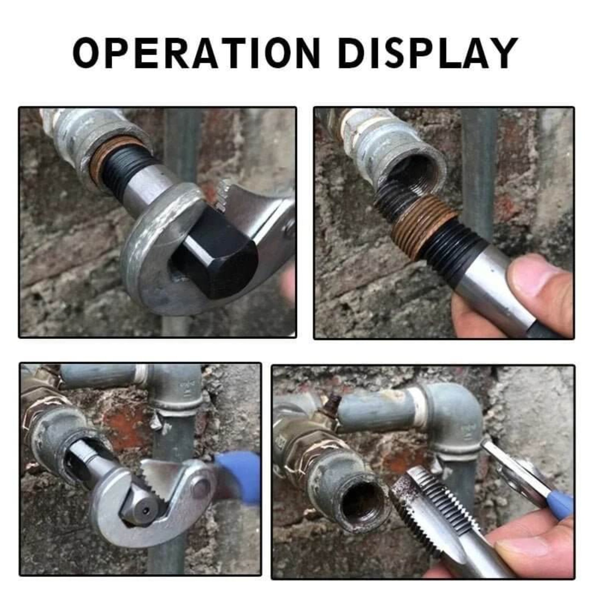 Using a screw extractor tool and wrench to remove a broken threaded pipe from a water tap, demonstrating the tool in action.