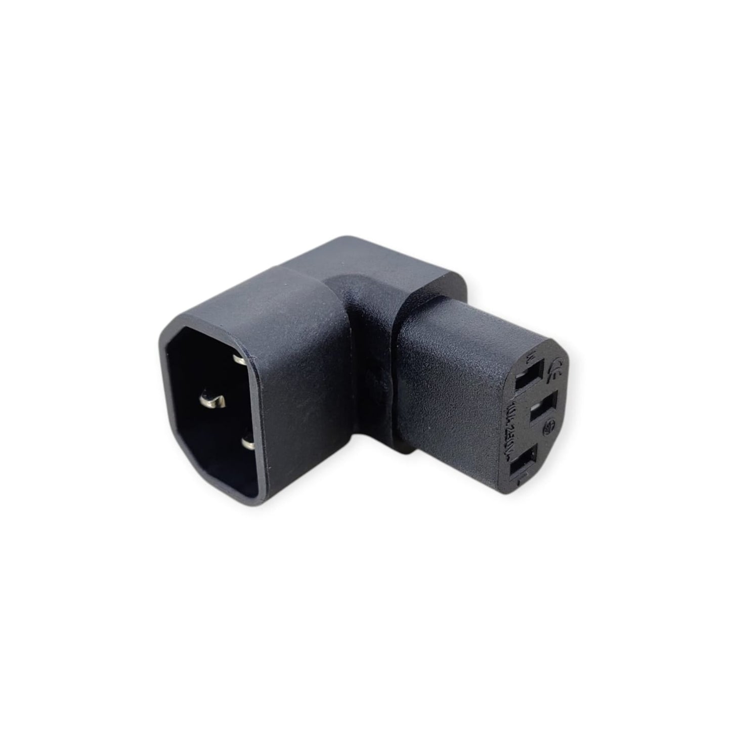 C14 Male to C13 Female 90 degree right angle power adapter angled view