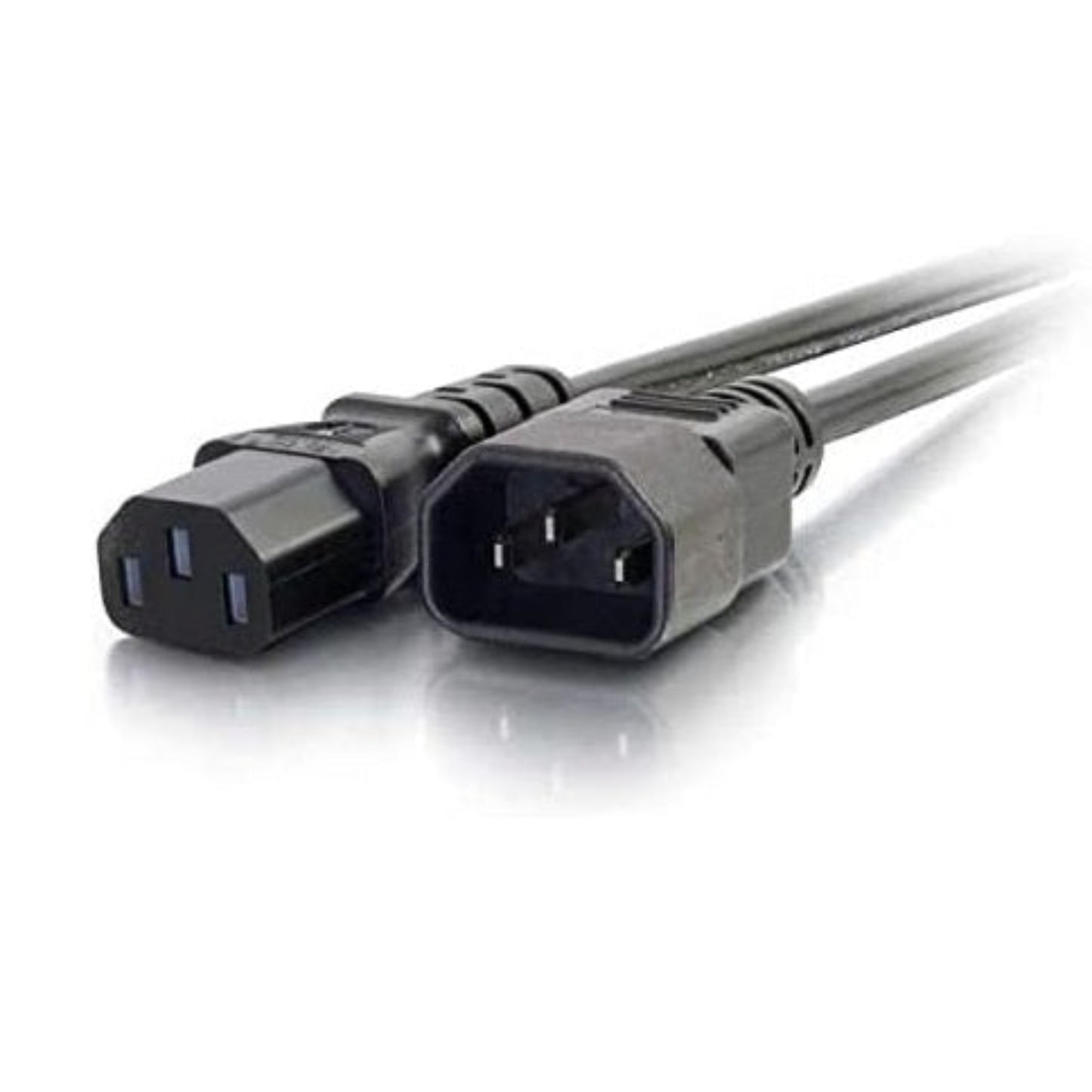 Close-up of the male IEC C14 and female IEC C13 connectors on a heavy-duty power extension cable.