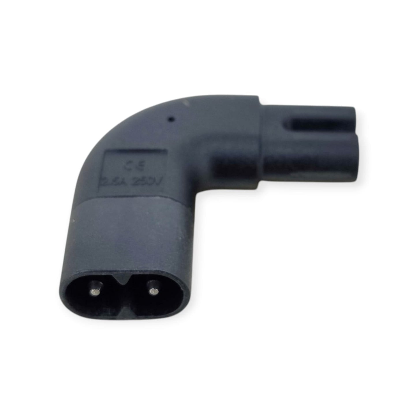 Close-up of a side-angled C7 to C8 adapter showing the 2.5A 250V CE rating.