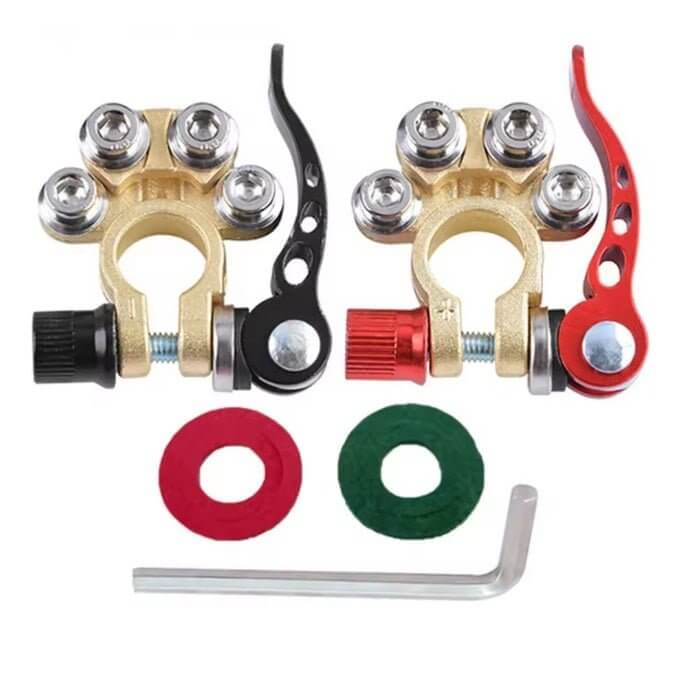Car Battery Quick Release Terminals with clamps, featuring red and black posts, washers, and an included Allen wrench.