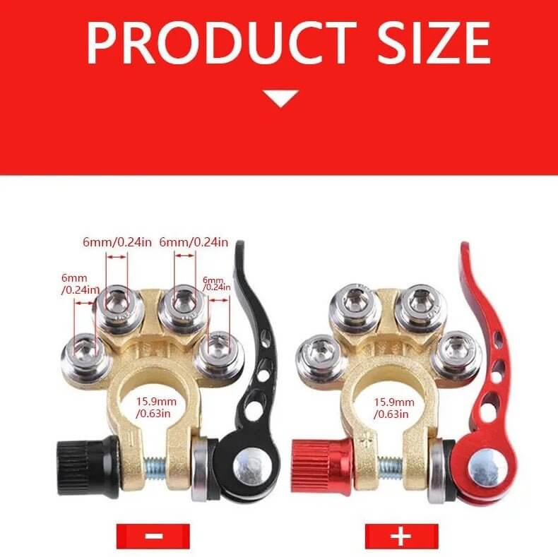 Car battery quick release terminals showing product size dimensions and clamps.
