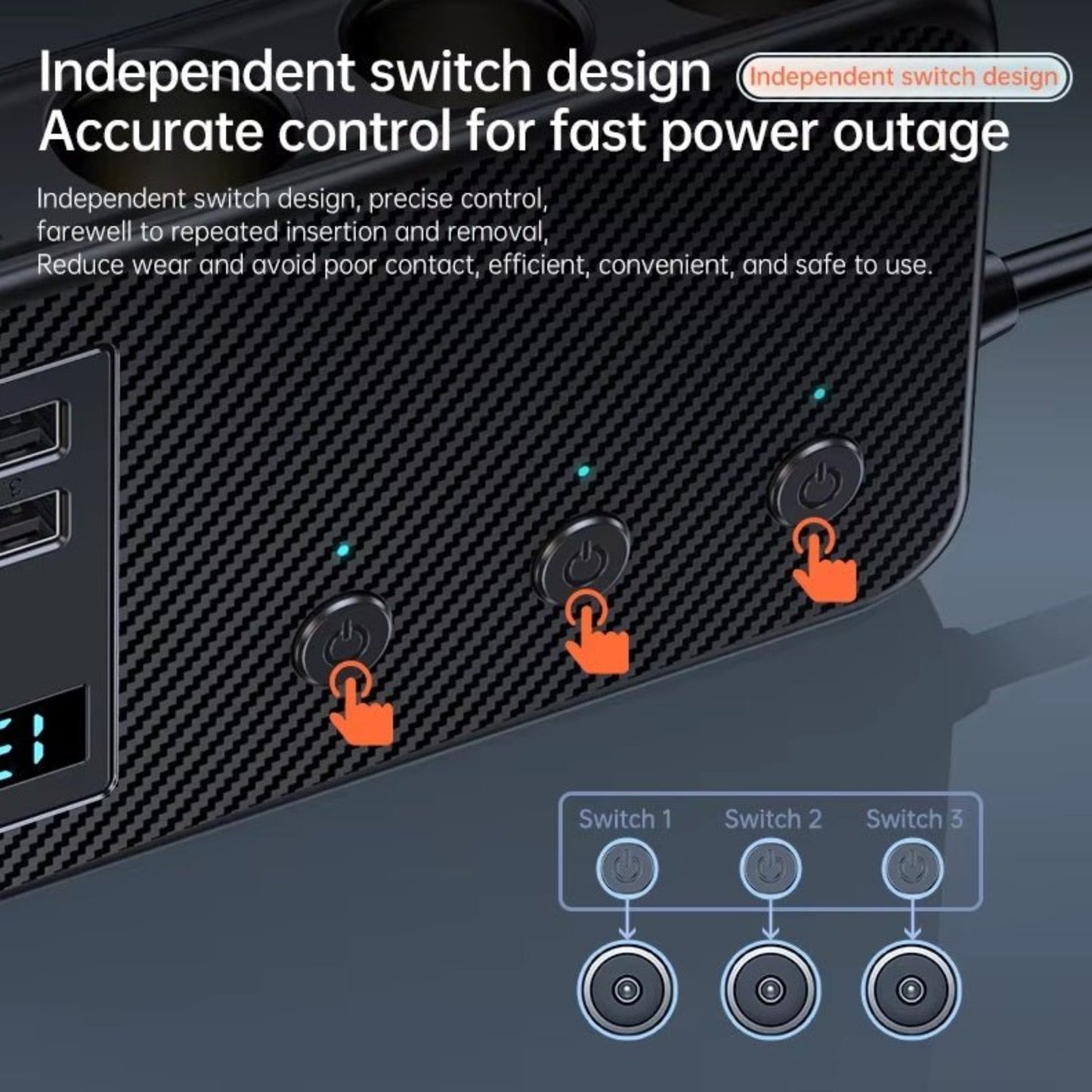 Close-up of 171W multi-port adapter showing independent switch design for precise power control.