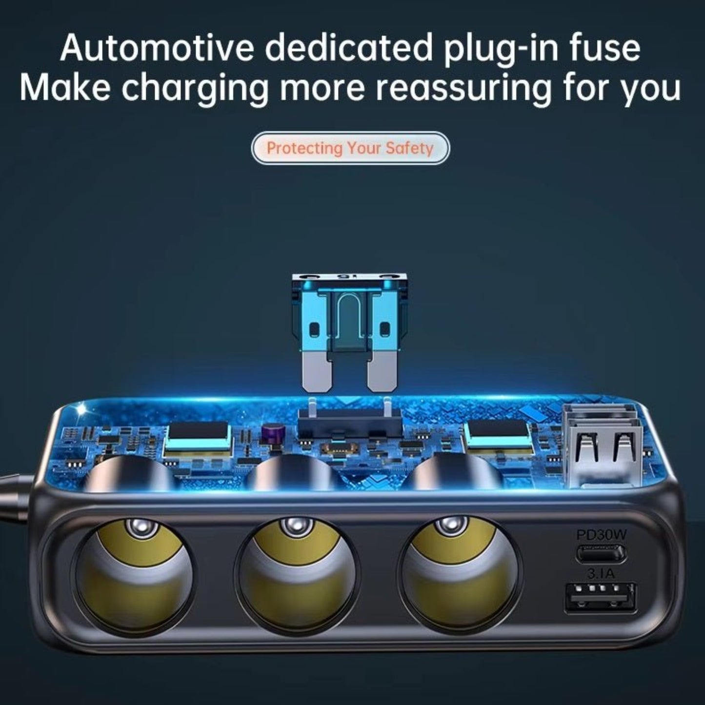 Close-up of a multi-port car charger with plug-in fuse, emphasizing safety and quick charging features.