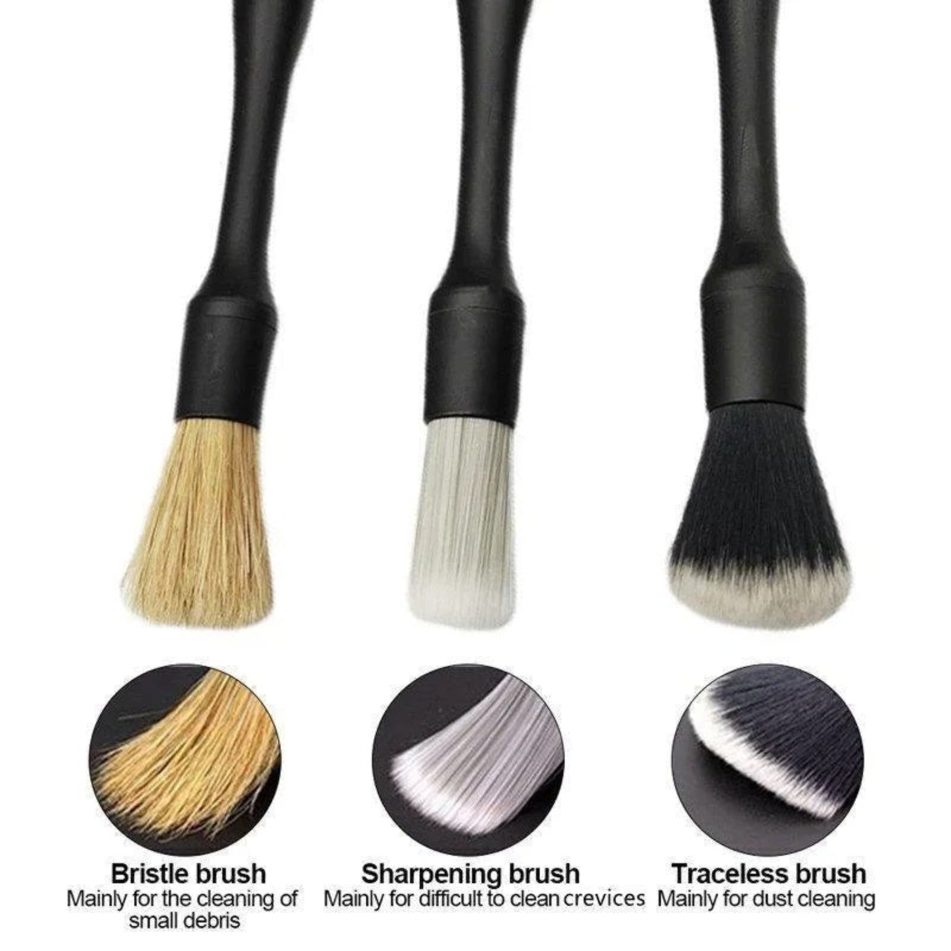 3pcs car detailing brush set showcasing bristle, sharpening, and traceless brushes for auto detailing and cleaning.