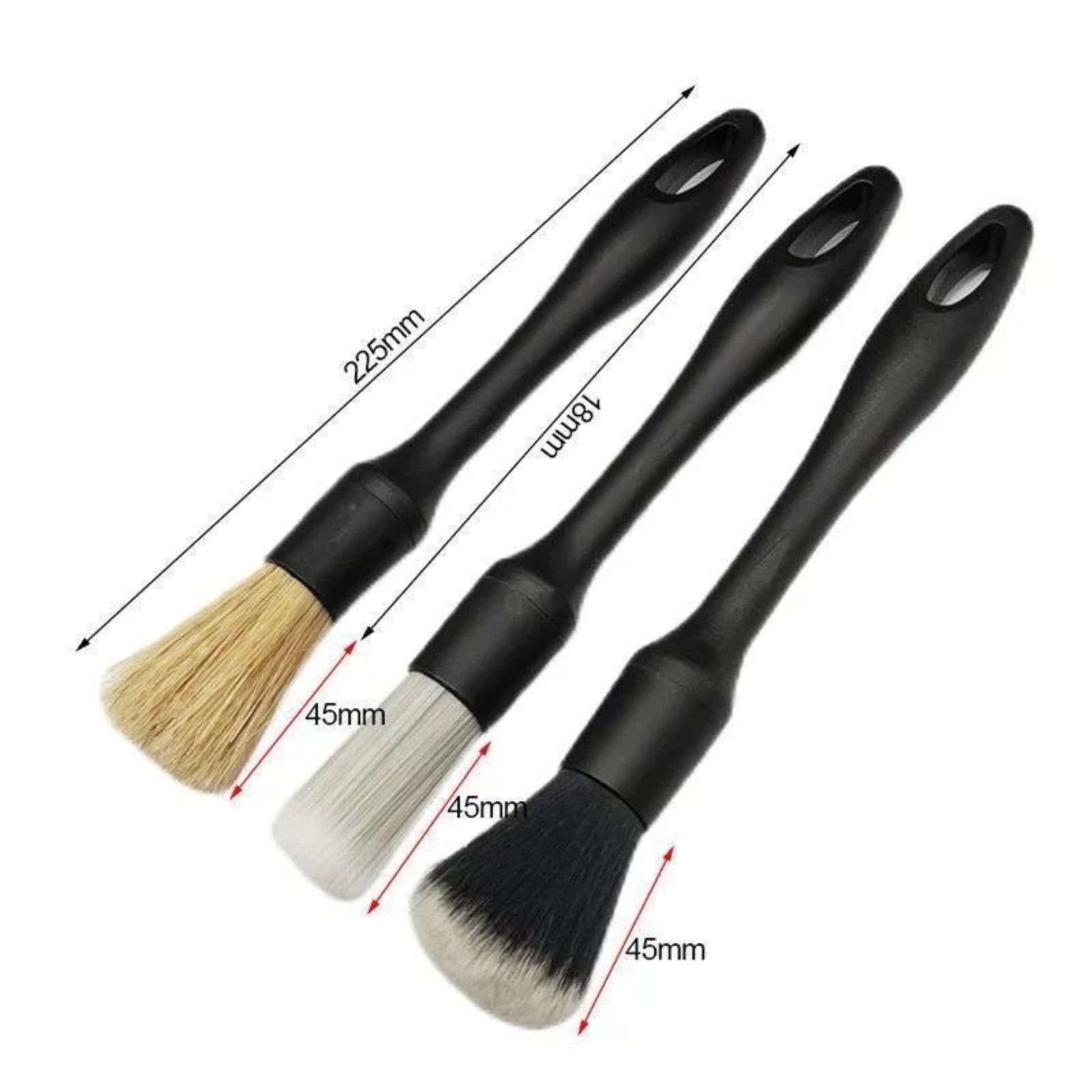 3PCS Car Detailing Brush Set, soft brushes for cleaning auto interiors and exteriors, measuring 225mm in length.