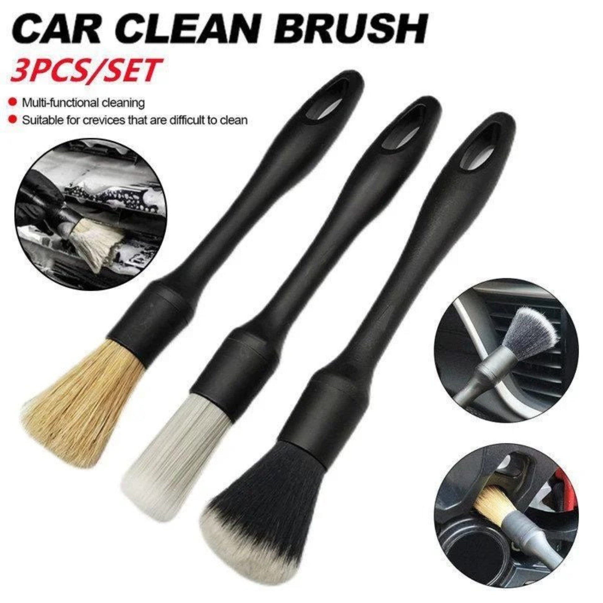 3pcs Car detailing brushes set for auto cleaning, designed for tight spaces and multi-surface use, featuring soft bristles.