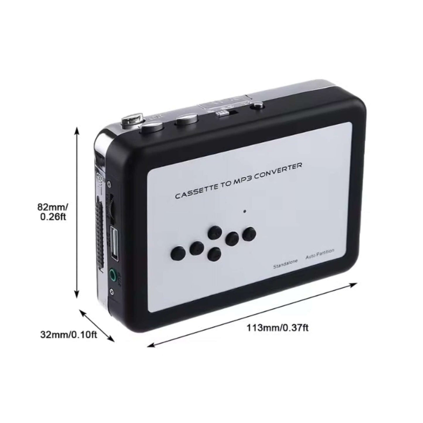 Dimensions of the cassette to MP3 converter, showing its compact and portable size in millimeters and feet.