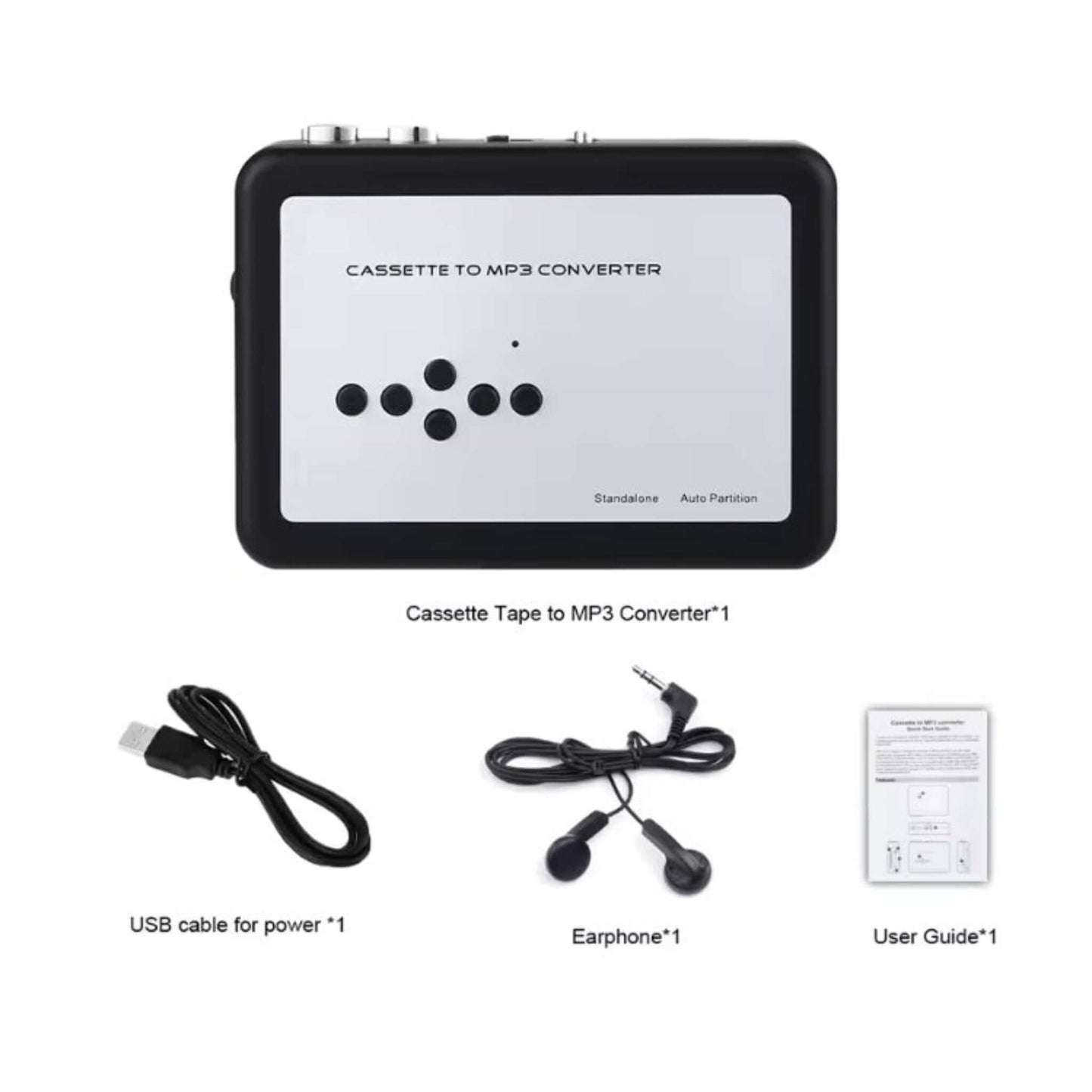 Contents of the cassette to MP3 converter package: device, USB cable, earphones, and user guide.
