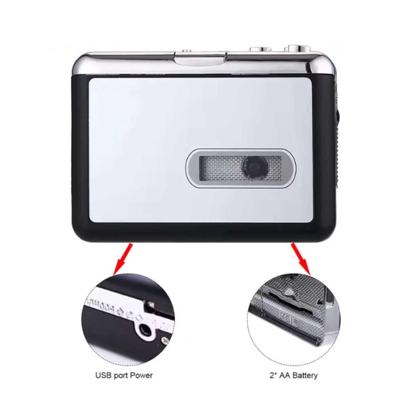 USB port power and 2*AA battery slots shown on portable cassette to MP3 converter for flexible power.
