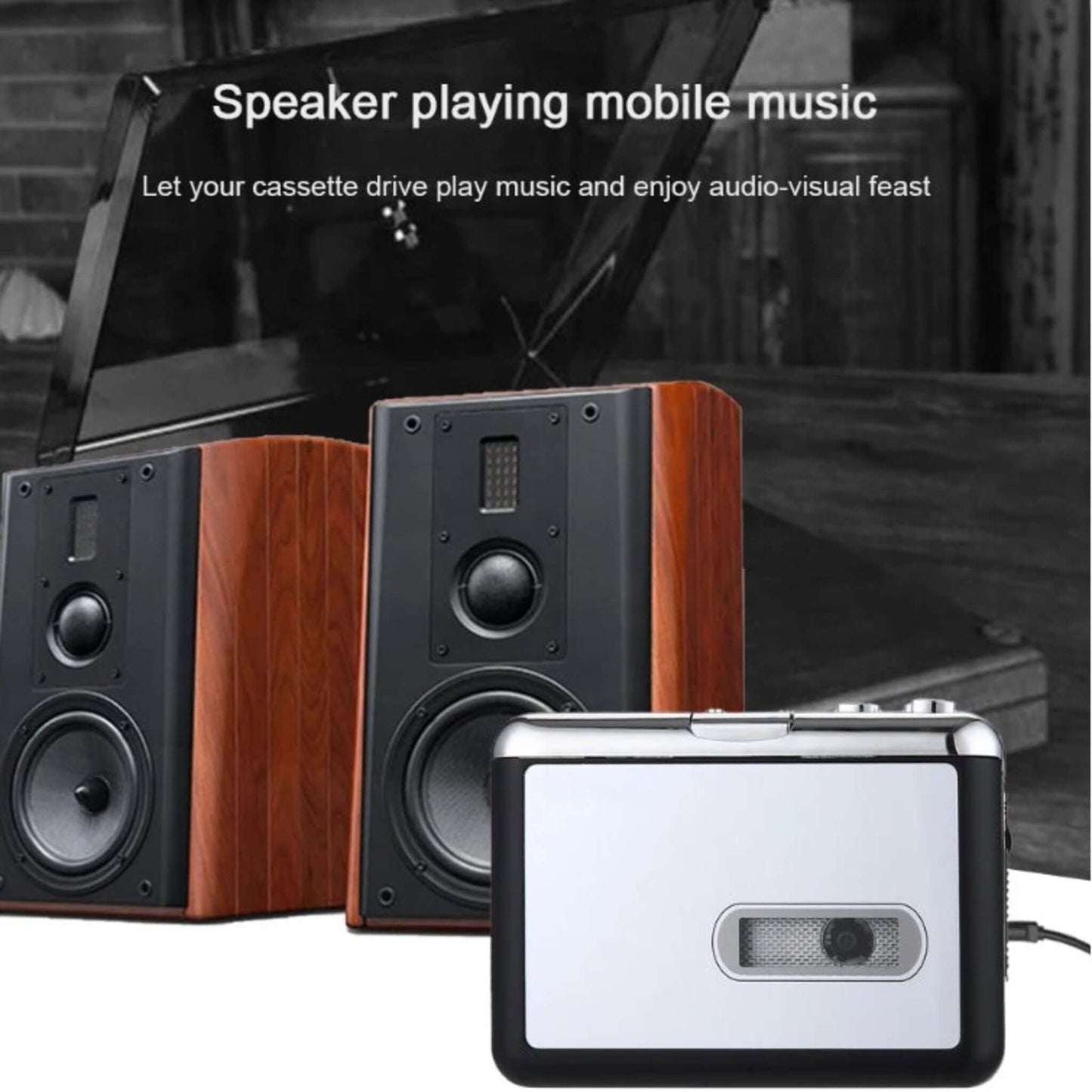 Cassette tape converter connected to speakers, playing mobile music for an enhanced audio experience.