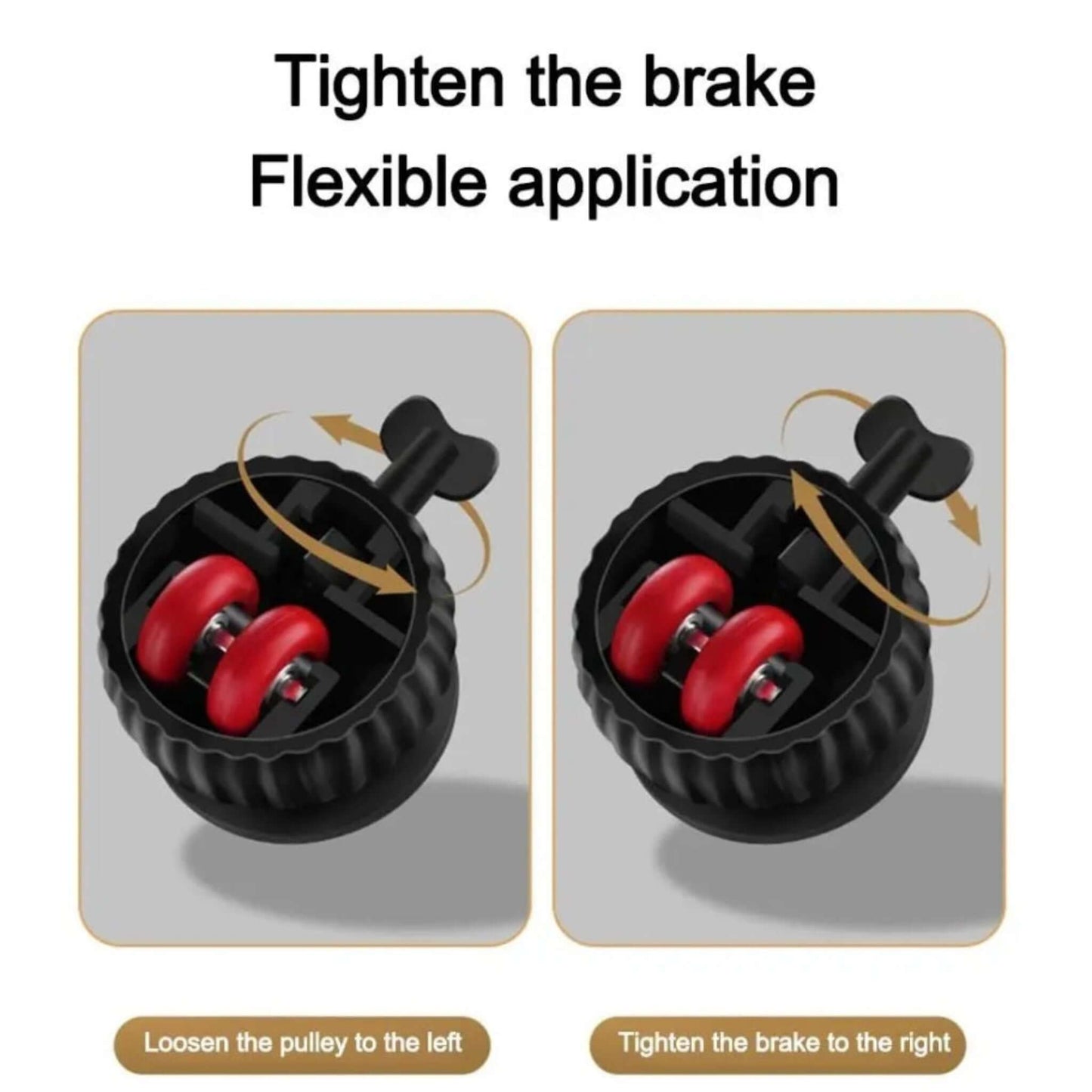 Close-up of universal wheel caster showing how to tighten and loosen the brake for flexible application.
