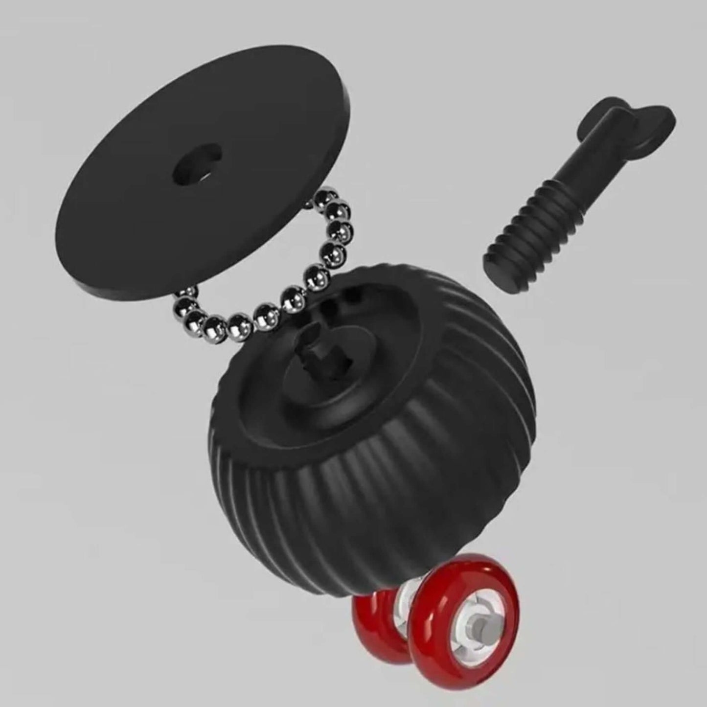 Exploded view of adhesive universal wheel caster revealing stainless steel beads for smooth 360° rotation.